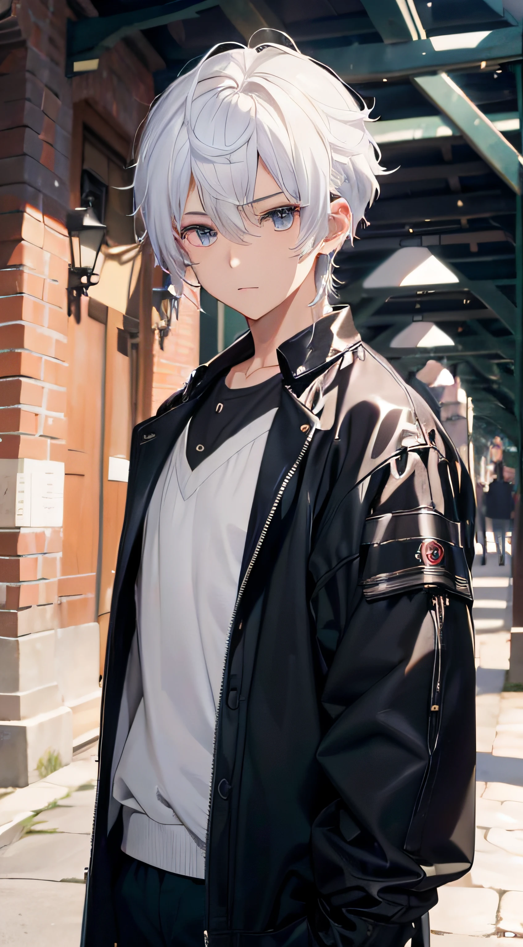 (absurderes、hight resolution、ultra-detailliert、nffsw)、​masterpiece、top-quality、、独奏、a handsome、shorth hair、white  hair、finely eye and detailed face、Casual clothing、Real Shadows、Joy、Connecting ears、The upper part of the body