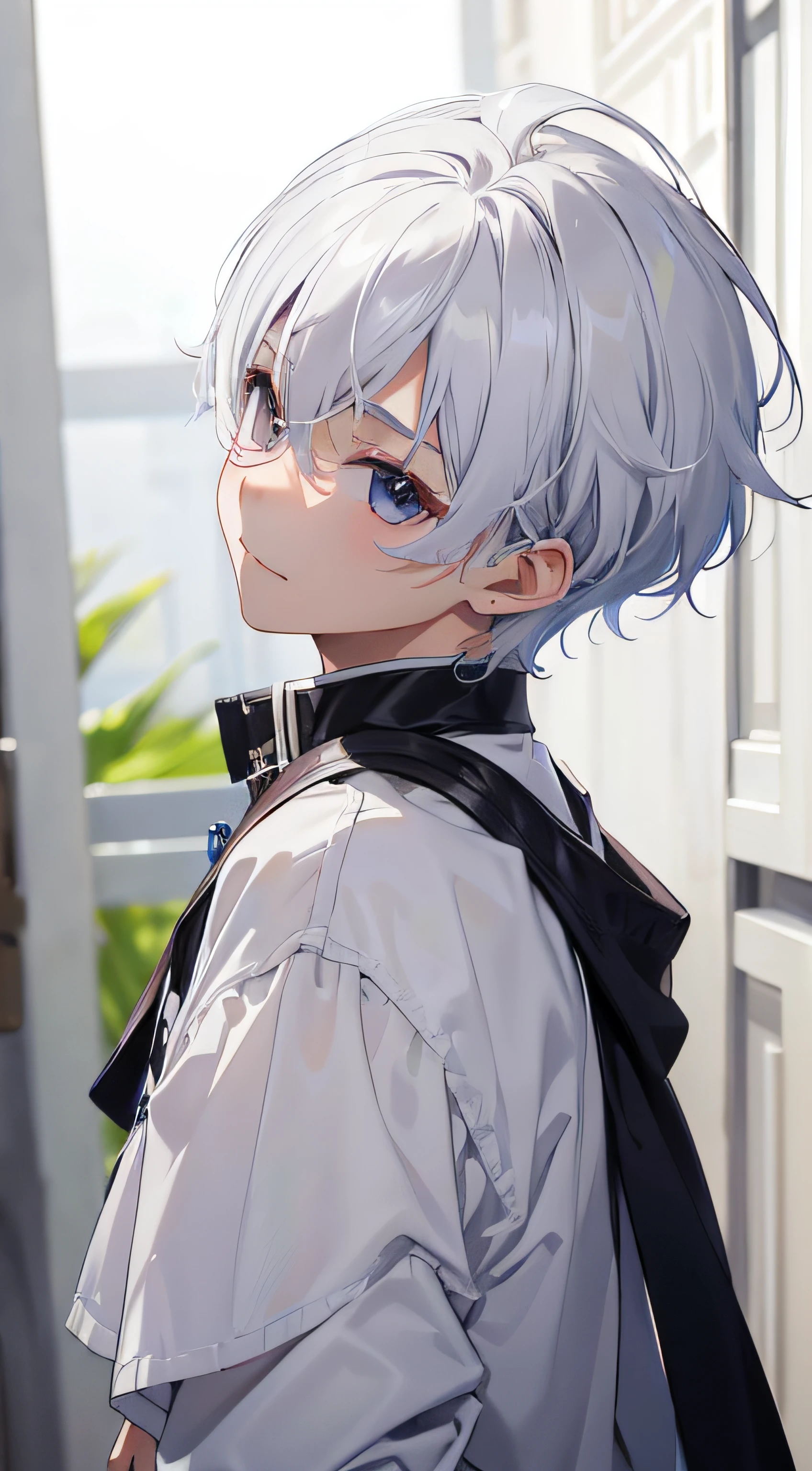 (absurderes、hight resolution、ultra-detailliert、nffsw)、​masterpiece、top-quality、、独奏、a handsome、shorth hair、white  hair、finely eye and detailed face、Casual clothing、Real Shadows、Joy、Connecting ears、The upper part of the body