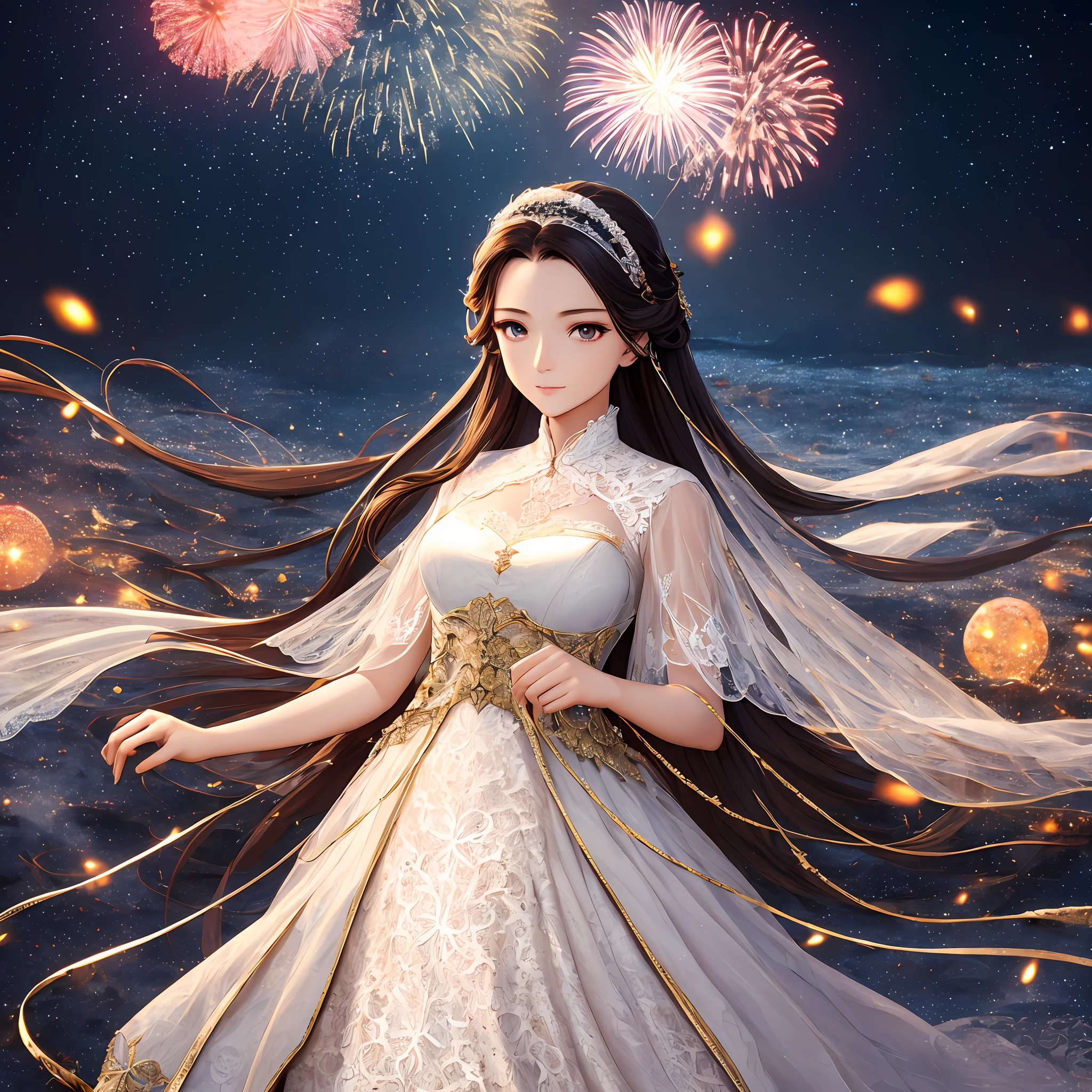 Noble and elegant lady,Very delicate face,30 age old,Danfeng Eyes,Red pupils,Stand under the stars,Fireworks in the sky,The sky is full of stars,meteor shower,ultra-detailliert, A high resolution, The is very detailed, best qualtiy, tmasterpiece,illustratio, The is very detailed, CG, unified, 8k wallpaper, astounding, finedetail, tmasterpiece, Best quality at best, (((All made of white lace: 1.5))))), A meteor shower falls。 --auto