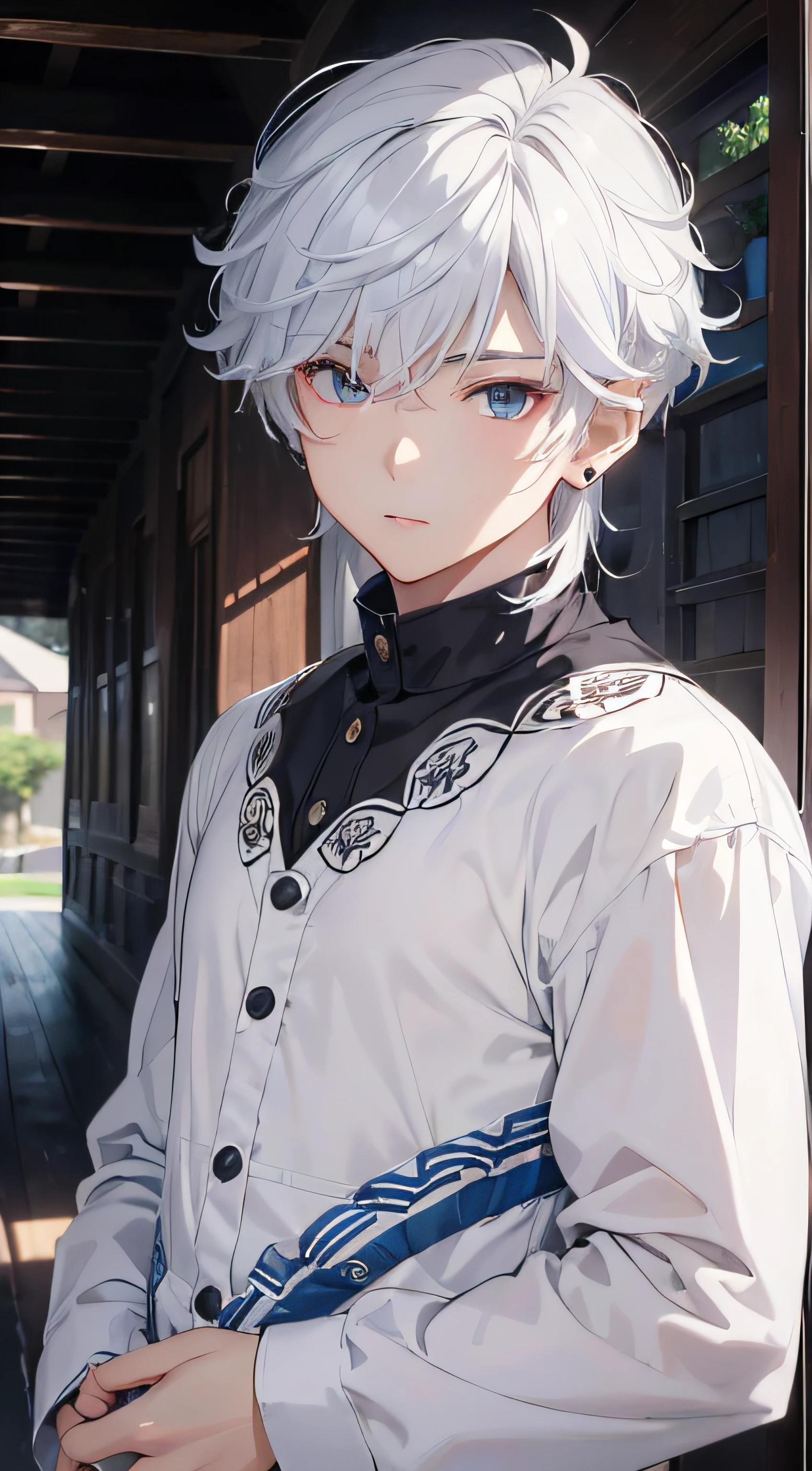 (absurderes、hight resolution、ultra-detailliert、nffsw)、​masterpiece、top-quality、Male child、独奏、a handsome、shorth hair、white  hair、finely eye and detailed face、Casual clothing、Real Shadows、Joy、Connecting ears、The upper part of the body