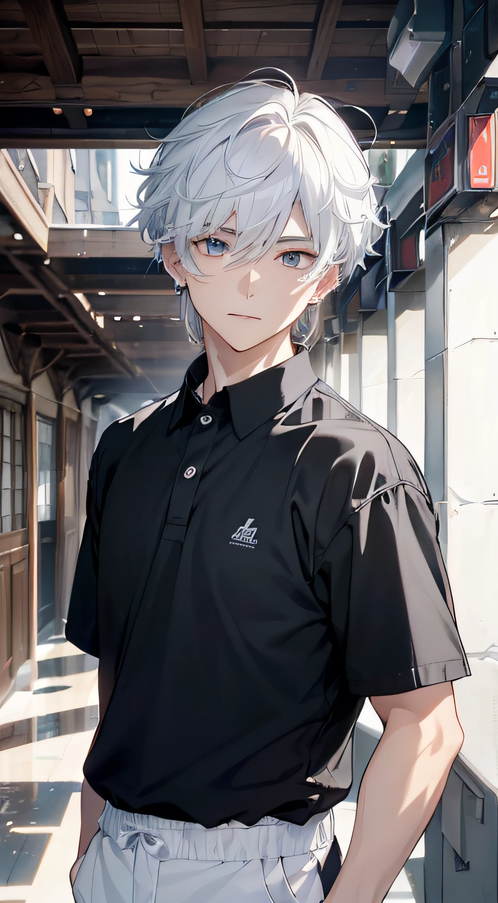 (absurderes、hight resolution、ultra-detailliert、nffsw)、masterpiece、top-quality、Male child、独奏、a handsome、shorth hair、white hair、finely eye and detailed face、Casual clothing、Real Shadows、Joy、Connecting ears、The upper part of the body
