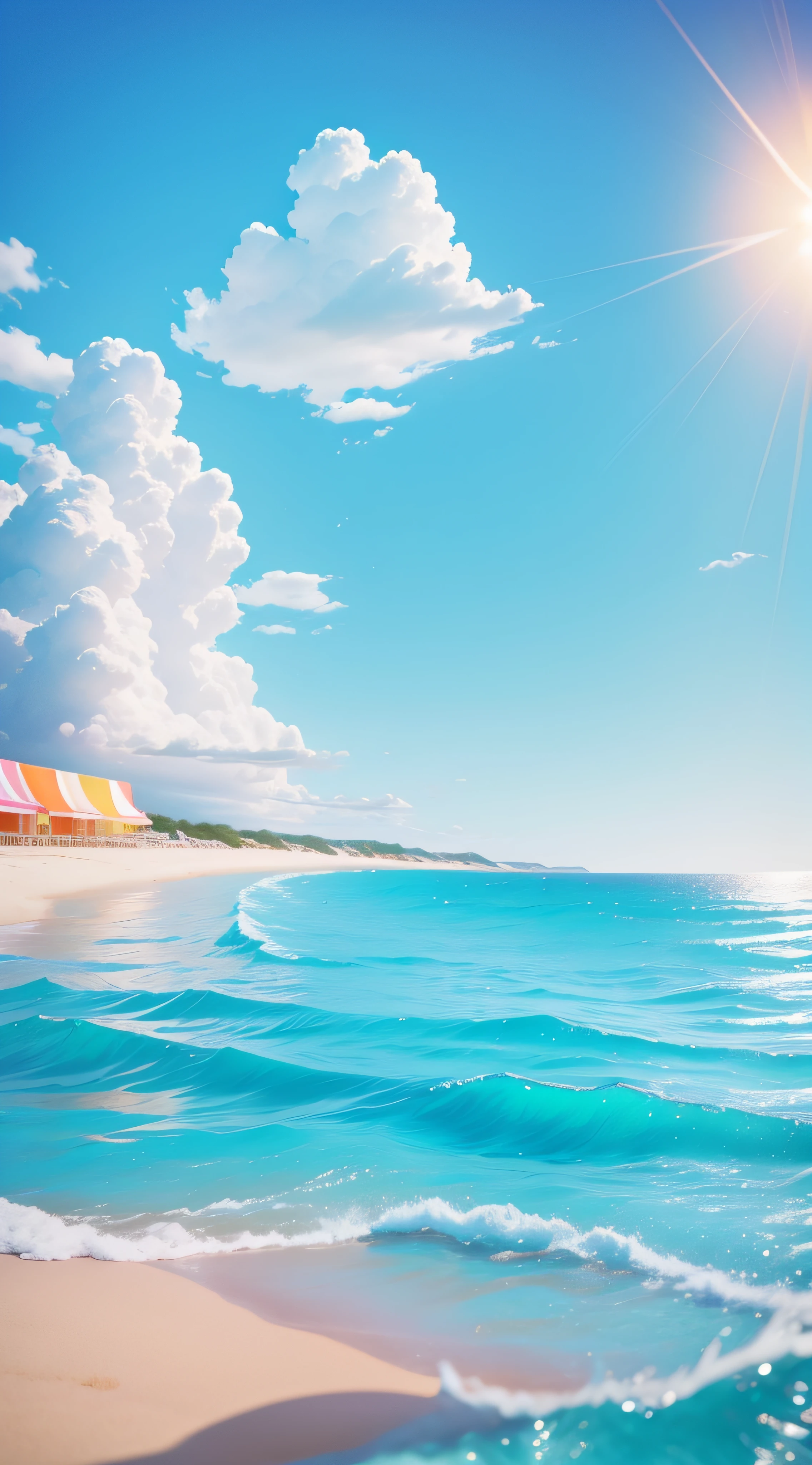 Summer seaside, beach, sunny weather, clear sky, sunny, colorful, happy and happy summer vacation, simple picture, close-up, brilliant sunshine, distant waves, visual impact, 3D DreamWorks style, the perspective is square