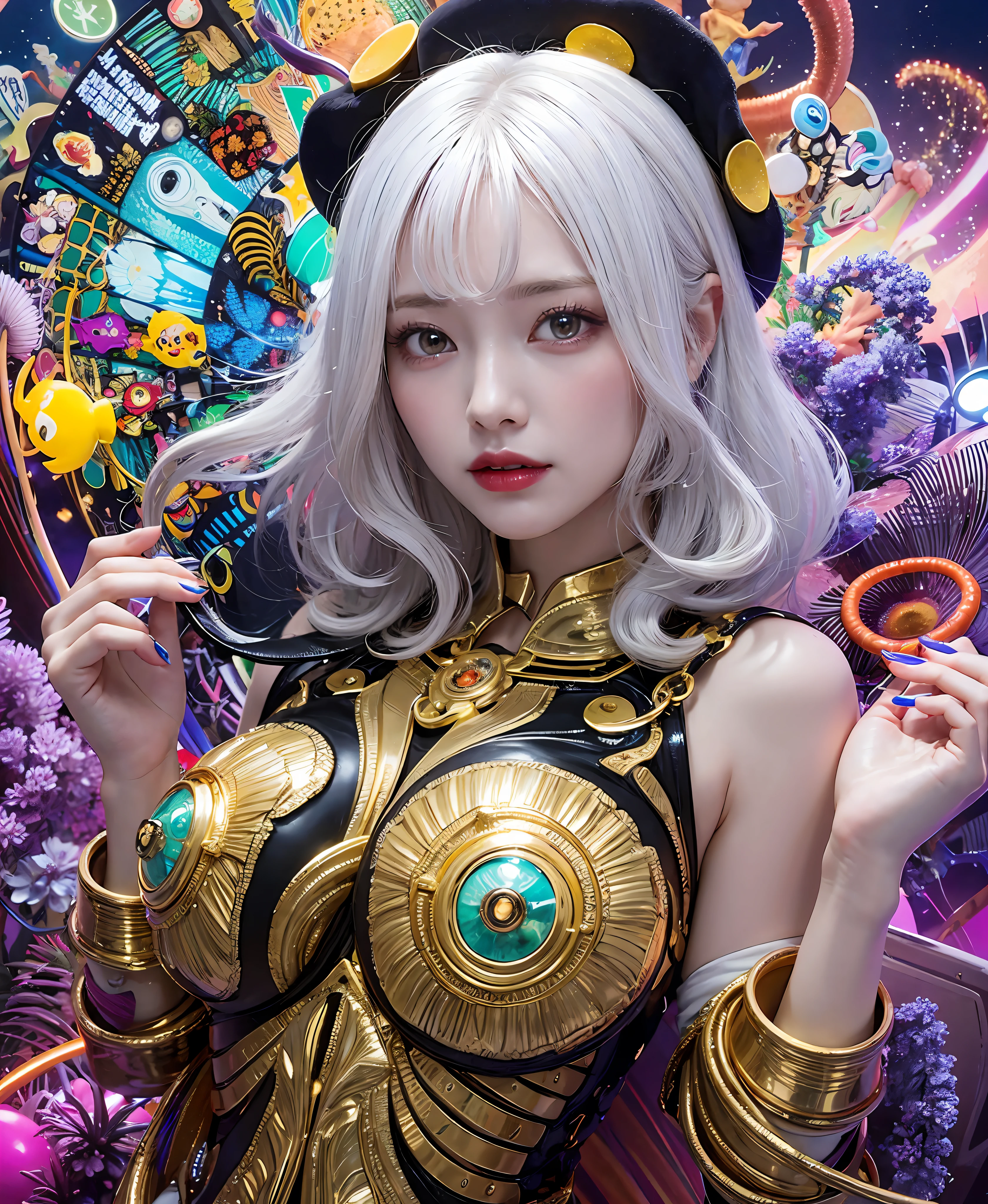 white hair、long fluttering hair、strong breeze、a purple eye、Luminous Eyes、White latex body、Mollusk girl、Colossal tits、The face and chest are alive、Cleavage is visible。photoRealstic、portfolio、Biotech Cyborg、Gothloli details、Tentacles clinging to the body、tentaculata、Detailed biocomponents、Bundle of thin tubes、sea anemones、Nudibranch、Luminous tube、Detailed neon、Fine LED、Golden fine parts