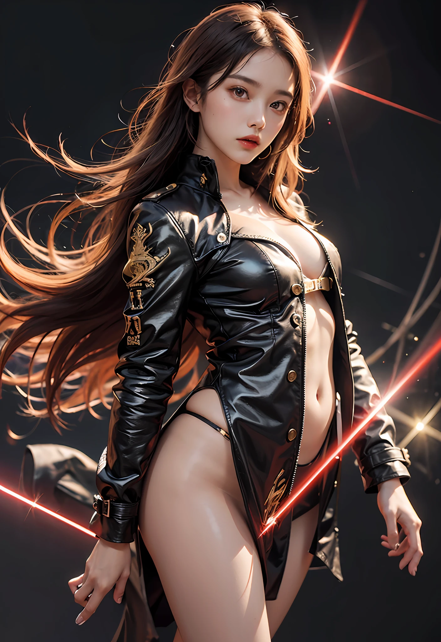 1girll, red pupils,Red long-haired,crisp breasts,Convex buttocks,Bare legged,black heels,White bandeau dress decorated with gold patterns,He wears a black trench coat,There is a red laser sword in his hand,starrysky,kosmos,Detailed background,Clothing details,perfectly proportioned, Cinematic lighting, filmgrain, Fuji colors, lightand shade contrast, 8K, 巨作, Textured skin, Super detail, high detal, high qulity, A high resolution,