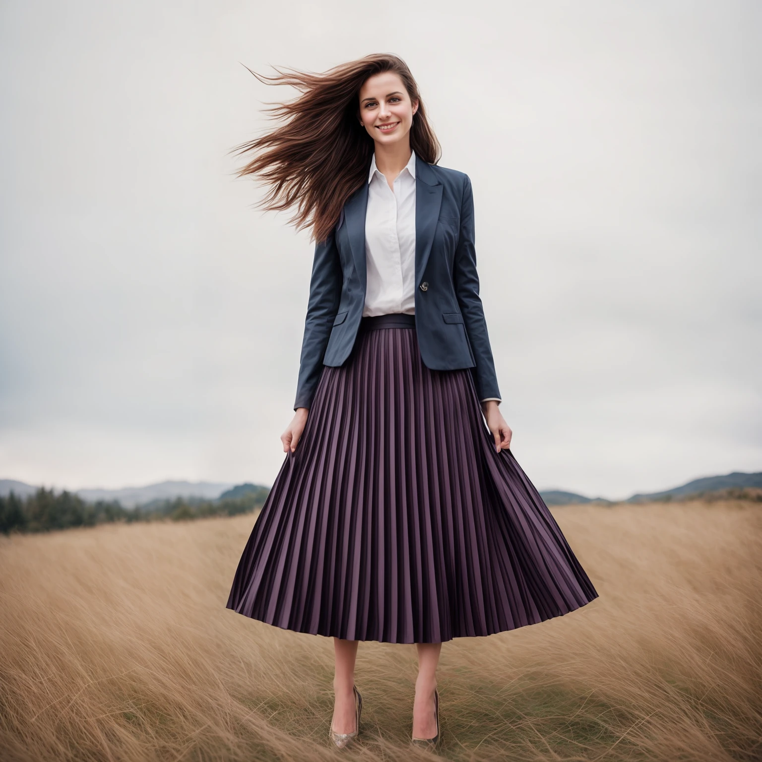 authentic (very shy:1,4 smiling) good woman wearing a short blazer with a very very detailed (long (fully pleated) full circle skirt) and (simple) low heeled office shoes, very very intricate hyper-detailed symmetric (attractive graceful young feminine face) with (sad, tired eyes and shy smile:1,1), full of empathy and compassion and love, (pronounced (feminine) features), (highly detailed ultra accurate realistic) hands and fingers, (windy conditions and wind blowing), epic composition, highly detailed attributes, highly detailed atmosphere, (35mm f1.4 Kodak portra 400 photograph), extremely high quality RAW photograph, intricate, Exquisite details and textures,