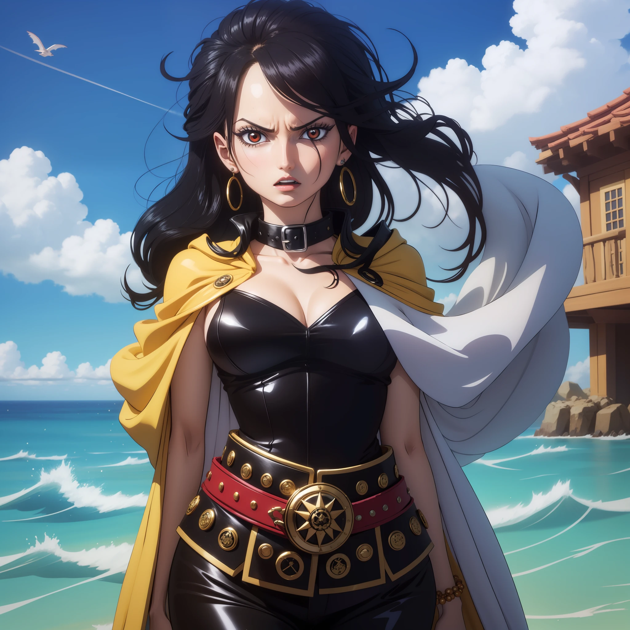 melhor qualidade, Girl long hair long dress long breasts cape red medium belt black bright red eyes, cabelo preto, colar, pose fofa, black collar high black pants, angry expression, pose de lado, batom vermelho na boca, dentro de um navio, em alto mar, mar atras, Olhos vermelhos, cabelo curto pretos, olhos vermelhos brilhantes, pirata, navio de pirata, Pose para cartaz, com uma katana, segurando um livro, arqueologa colar, bracelete, usando oculos de arqueologa, boa hancok Cobra amarela pose sexy bonita e elegante
