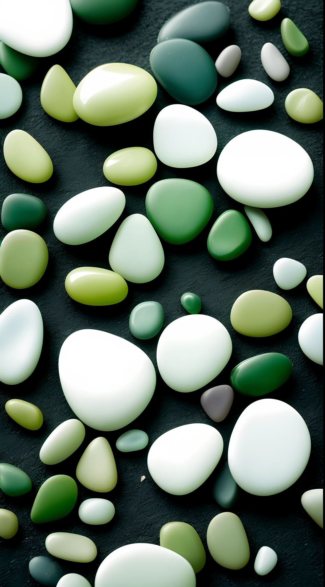 A small group of green pebbles and white pebbles, Tatsuo Miyajima's style, Flaky film, Aerial view, Pentax K1000 --AR 3:2 --style raw --v 5.1