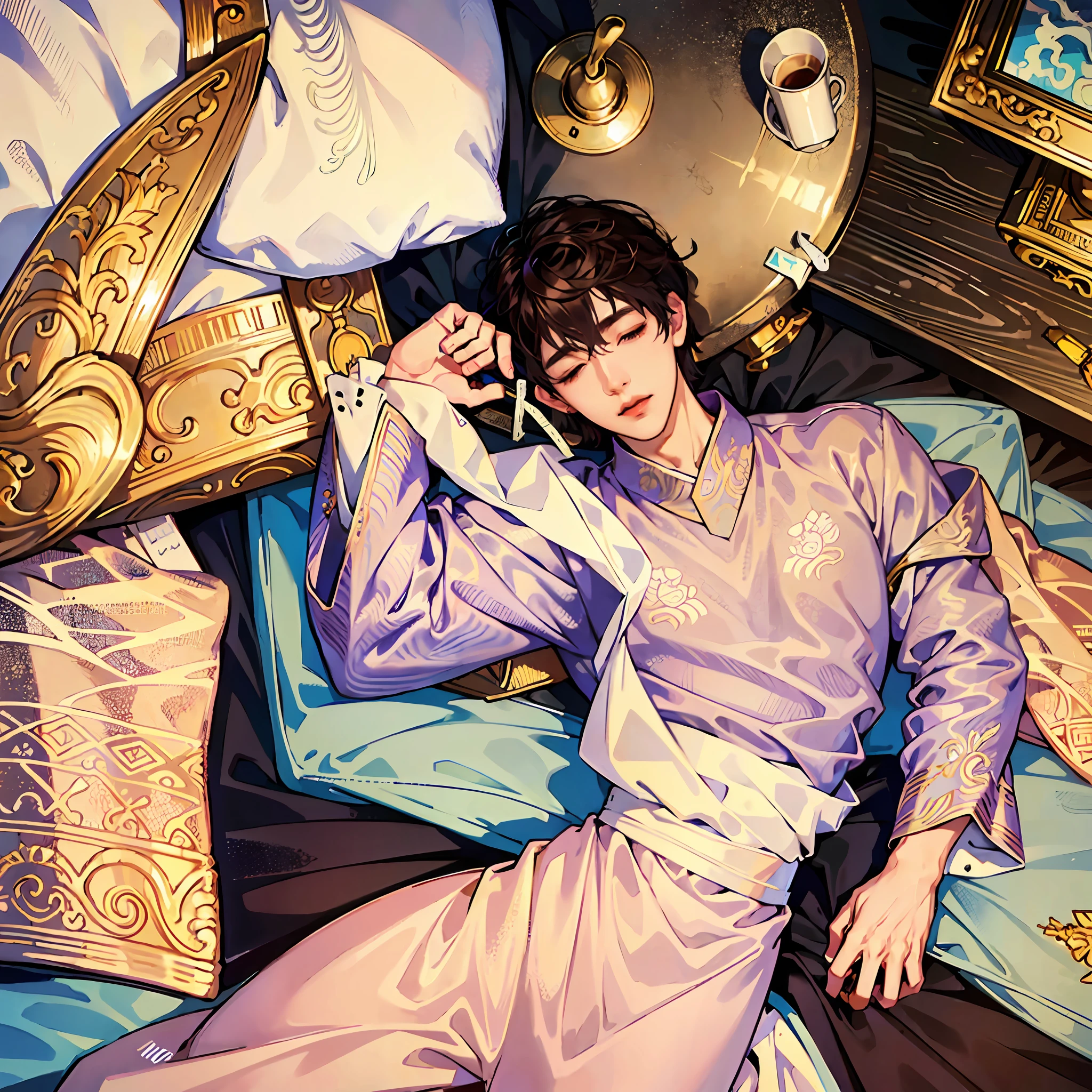 A boy sleeps with his eyes closed((8k,tmasterpiece:1.1))Koreans are hyperrealistic), (illustratio), (8K), (extremely higly detailed), (Most Best Illustration),, (best qualtiy), (tmasterpiece), ( wallpaper), (详细的脸), 独奏,((pyjamas)),(((cellular phone))),(Go to bed),((on top of the bed))