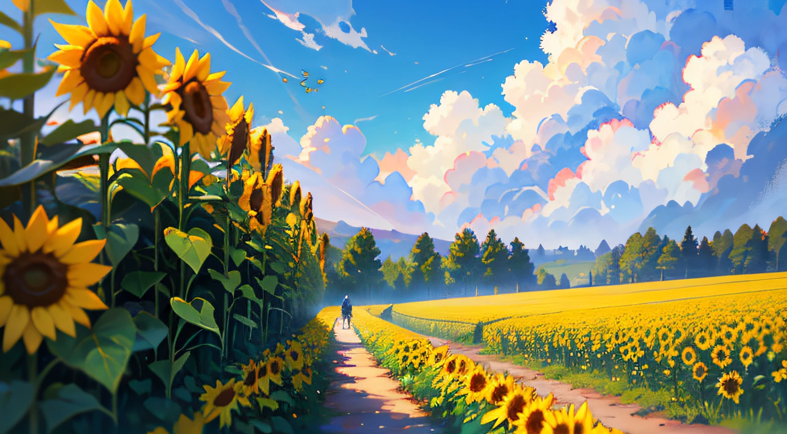 A golden wheat field,The orange straw sways gently with the breeze,Bees are busy collecting honey among the flowers,From the fields came the sound of chirping and cicadas,Sunlight pours through the gaps in the clouds,Blooming sunflowers shine brightly,The blue sky and white clouds are so fresh and pleasant,All the beauty put together,The result is a heart-warming idyllic painting
