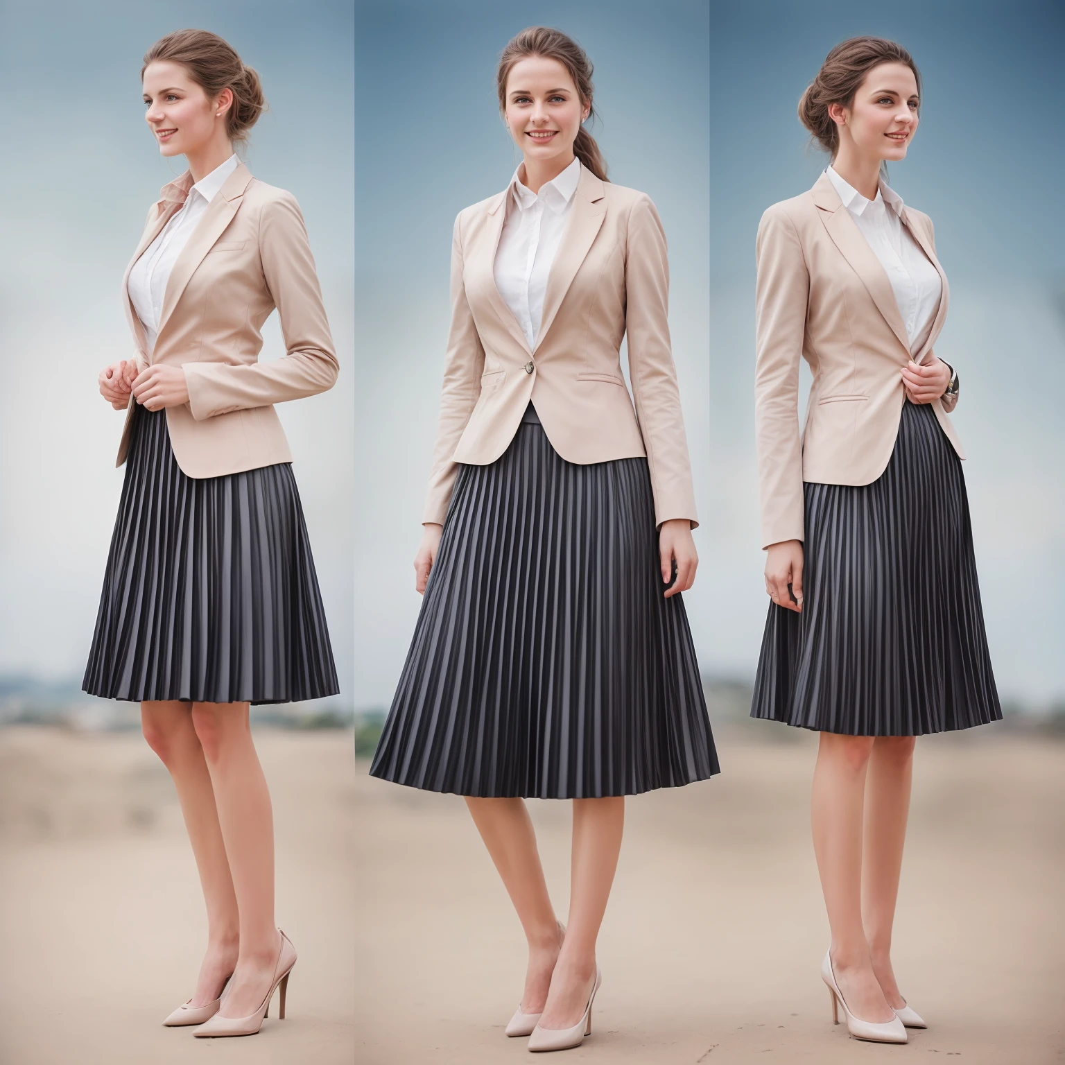 authentic (very shy:1,4 smiling) good woman wearing a short blazer with a very very detailed (long (fully pleated) full circle skirt) and (simple) low heeled office shoes, very very intricate hyper-detailed symmetric (attractive graceful young feminine face) with (sad, tired eyes and shy smile:1,1), full of empathy and compassion and love, (pronounced (feminine) features), (highly detailed ultra accurate realistic) hands and fingers, (windy conditions and wind blowing), epic composition, highly detailed attributes, highly detailed atmosphere, (35mm f1.4 Kodak portra 400 photograph), extremely high quality RAW photograph, intricate, Exquisite details and textures,