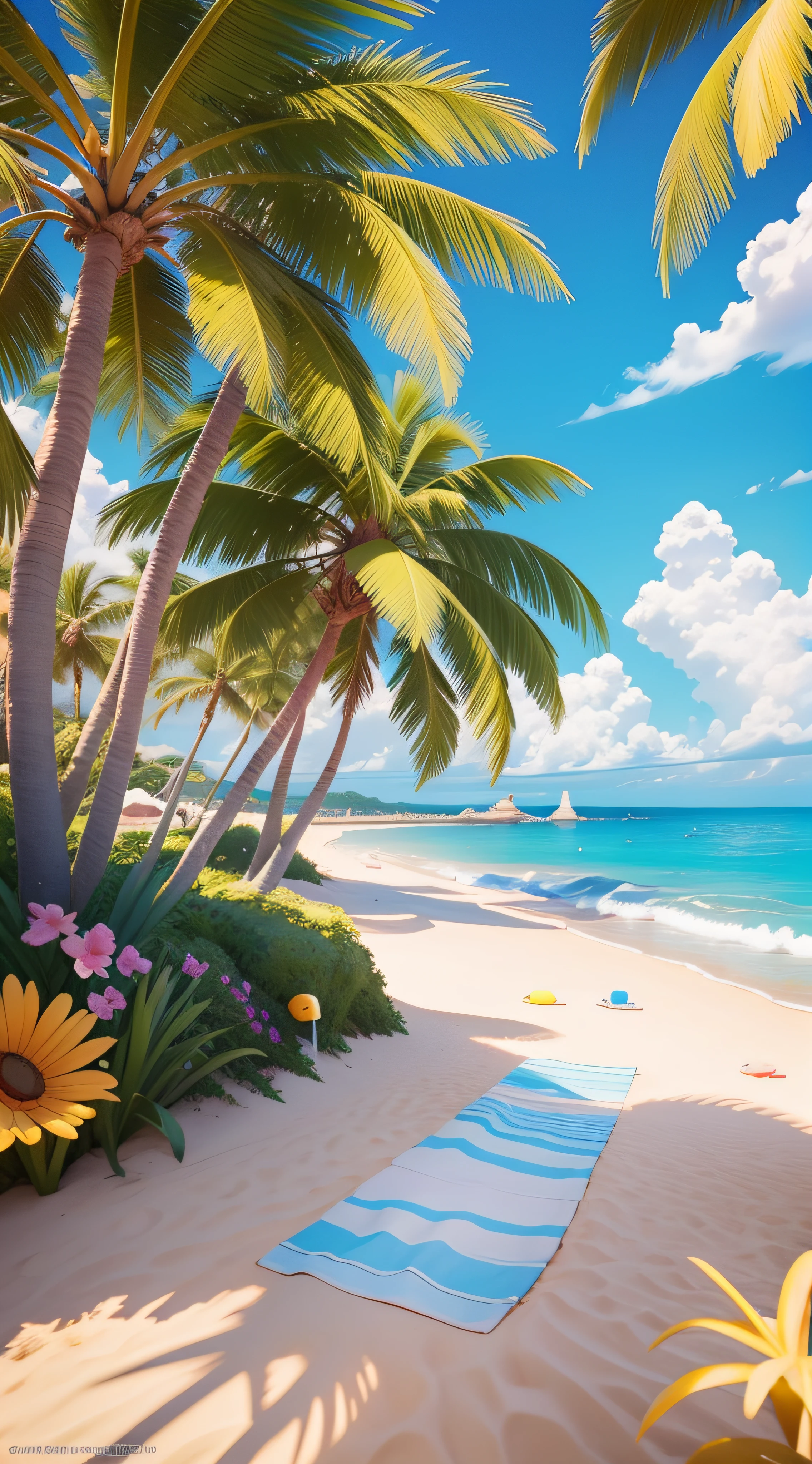 Face the perspective, summer seaside, beach, sunny weather, clear sky, sunny, colorful, happy summer vacation, simple picture, close-up, brilliant sunshine, distant waves, visual impact, 3D DreamWorks style, perspective for square, mobile game background, beach background, game art, featured art splash screen, Lowres, official artwork