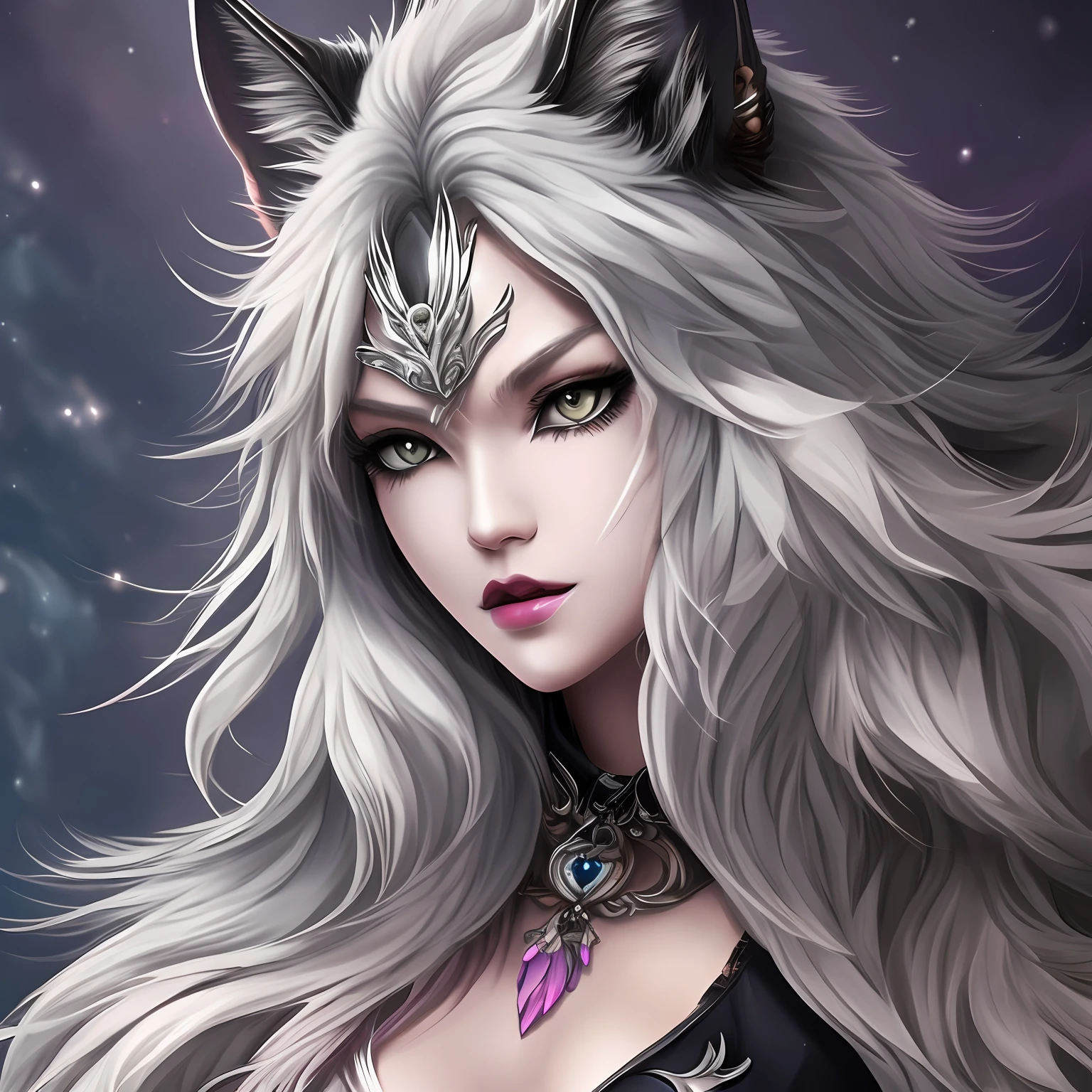 female body wolf, purple fur, long silver claws, arms outstretched, howl humain face, black skin, pink eyes, pink lips, prominent silver canine --auto --s2