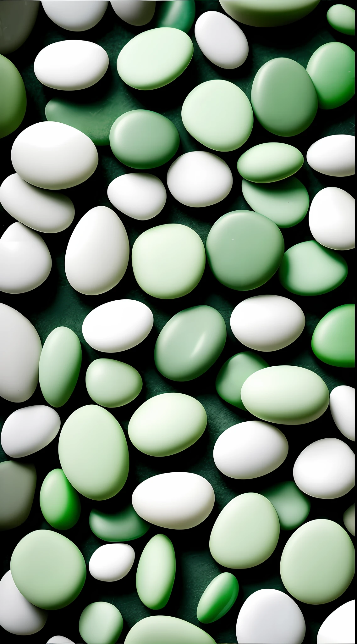 a small group of green and white pebbles, in the style of tatsuo miyajima, sheet film, aerial view, pentax k1000 --ar 3:2 --style raw --v 5.1