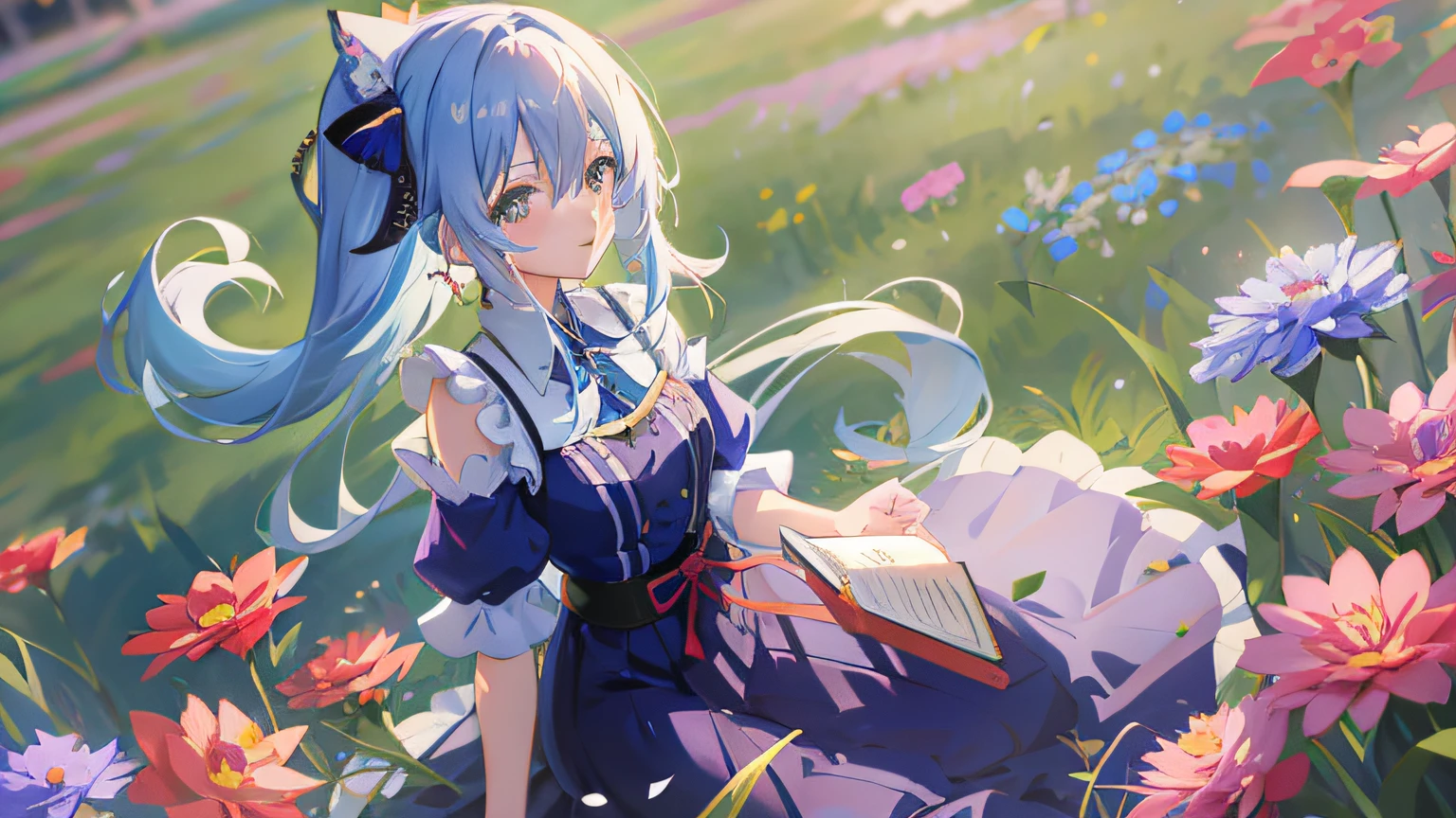 Anime girl sitting in a flower field，blue hairs, Anime art wallpaper 8 K, style of anime4 K, cute anime waifu in a nice dress, Anime art wallpaper 4k, Anime art wallpaper 4 K, Guweiz in Pixiv ArtStation, 4K anime wallpaper, Guweiz on ArtStation Pixiv, Loli