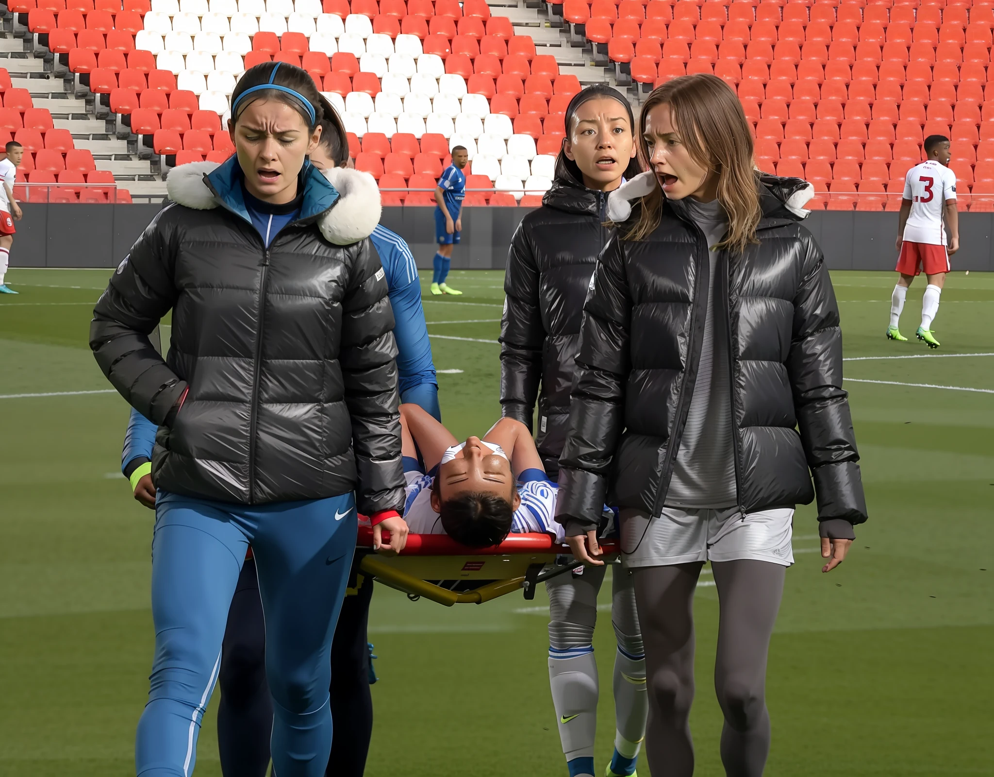 a soccer scene in a sports stadium, cool and wet weather conditions, humide ground, rainy sky, injury scene in a sports stadium, stretcher carry, there are four female medics carrying a stretcher, there are four female medics in very shiny coats who are carrying a stretcher in a sports stadium, there is a wounded male soccer player in a matte short cotton sports outfit lying on the stretcher, an injured male soccer player in matte cotton sportswear is lying in pain on a stretcher, a soccer player in matte cotton sports clothes is rearing up in intense pain while lying on a stretcher, dramatic scene, theatralic posing scene, dramatic pity scene, injury soccer, first aid, help, pity, there are four female medics in wetlook high-shine coats who are looking very sad and very terrified and very shocked, the injured soccer player is screaming out in pain while he is carried from the pitch on a stretcher