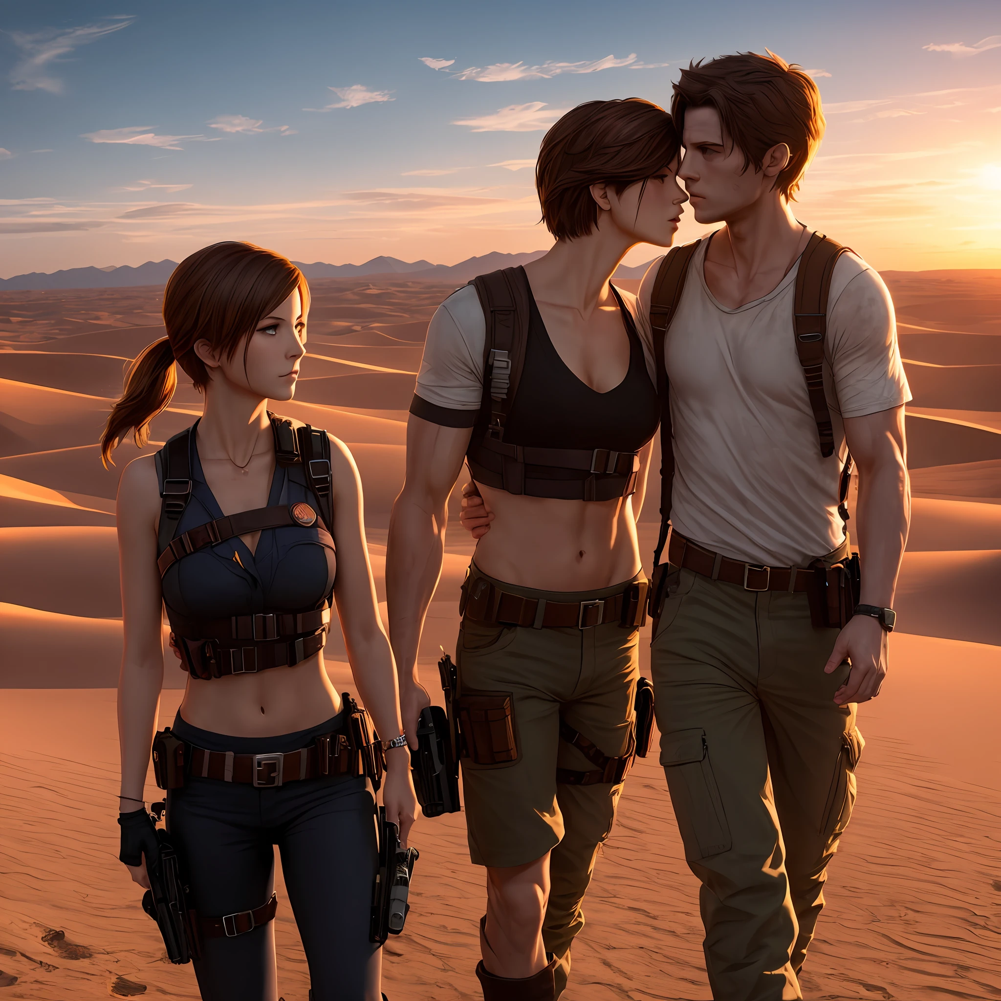Resident Evil，Leon male，Holding Jill girl，deep kisses。Hold tight，Exposing the abdomen。Sunset desert in the background。Live action，cinematic ligh。 Warm yellow， --auto
