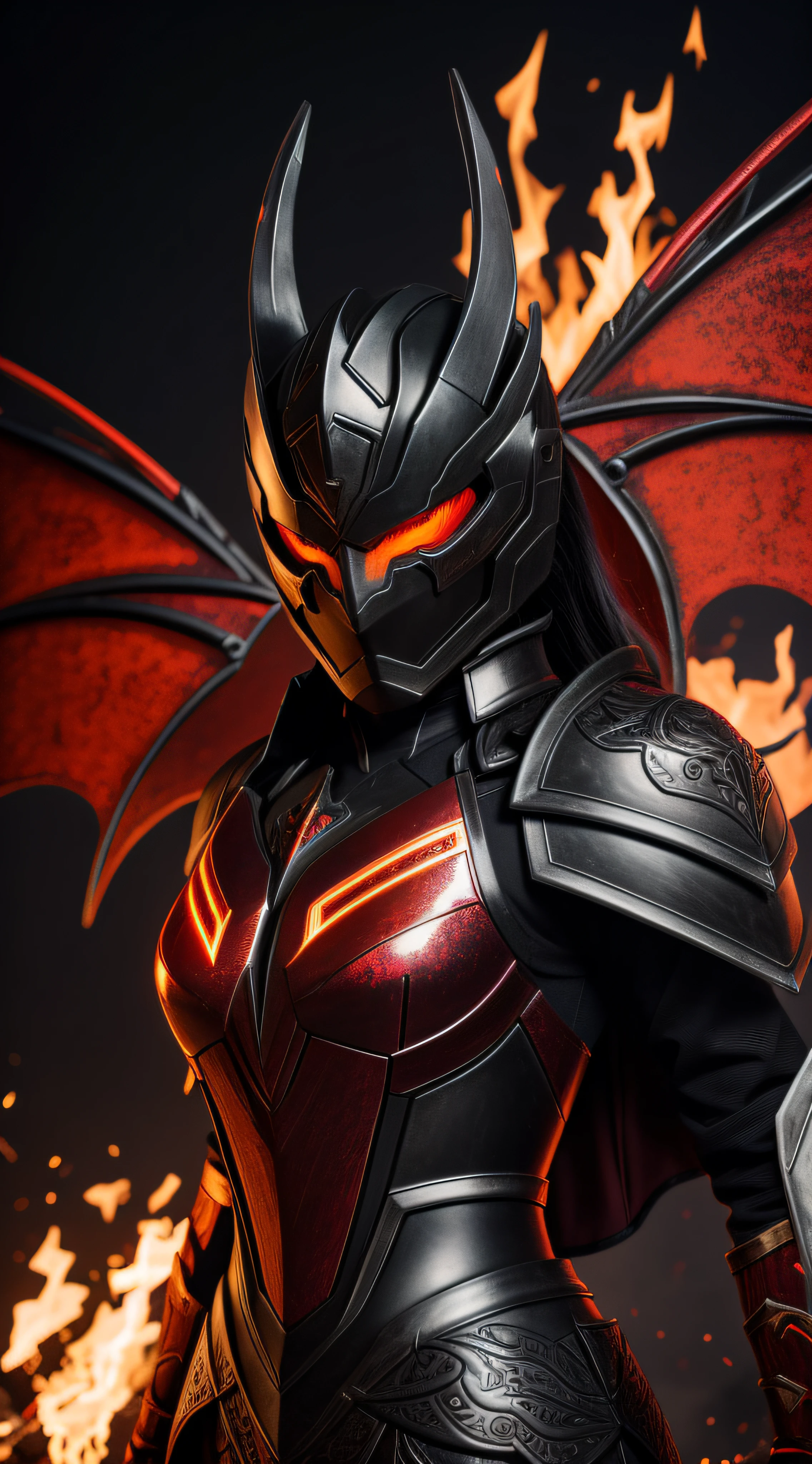 ember, in iron black armor with fiery patterns, Helmet in the form of a dragon, red-eyes, Large black wings glow with fiery light, Full-length 4K, higly detailed, Anime style.