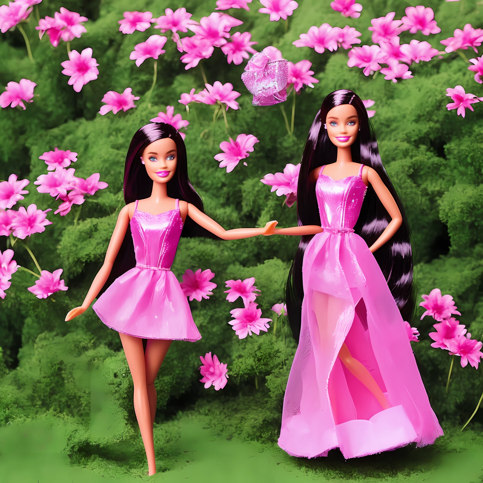 Barbie dressed in a pink fancy costume next to kent. --auto