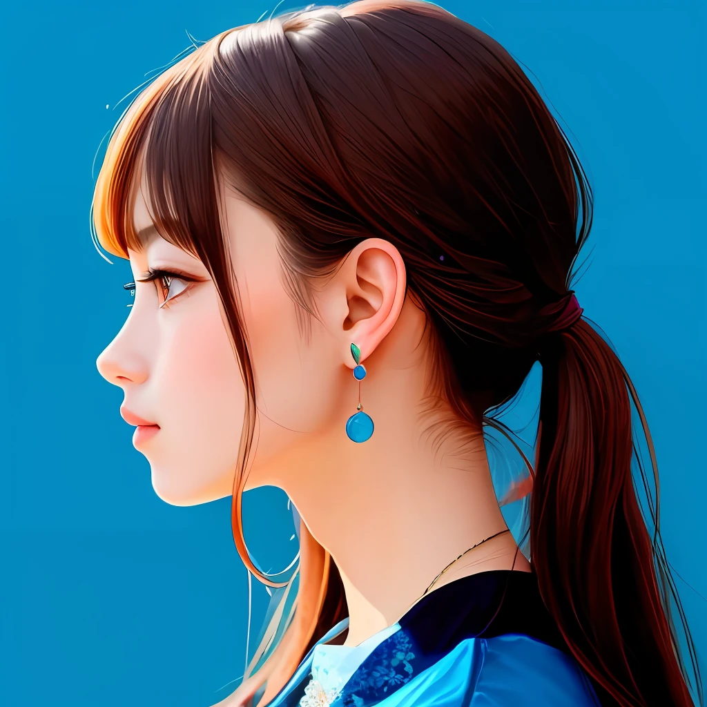 asterpiece, best quality, 1girl, profile face, stunning face, blue background, blurry,