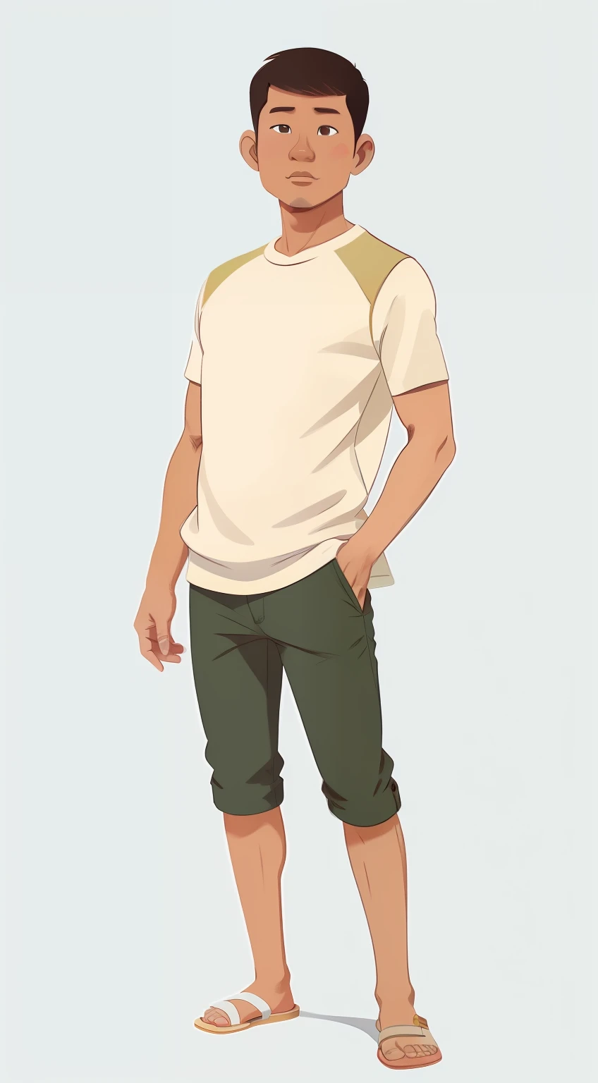 A cartoon boy in a white shirt and green shorts standing - SeaArt AI