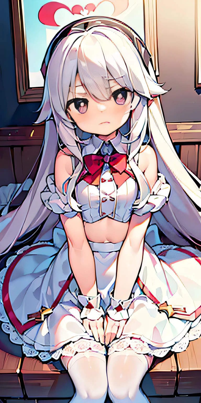 (( best qualtiy, 8k, tmasterpiece:1.3)), Focus li clearly，long whitr hair，adolable，White stockings，heart - shaped pupils，solo，cropped shoulders，a skirt，whaite hair，inside in room，scowling