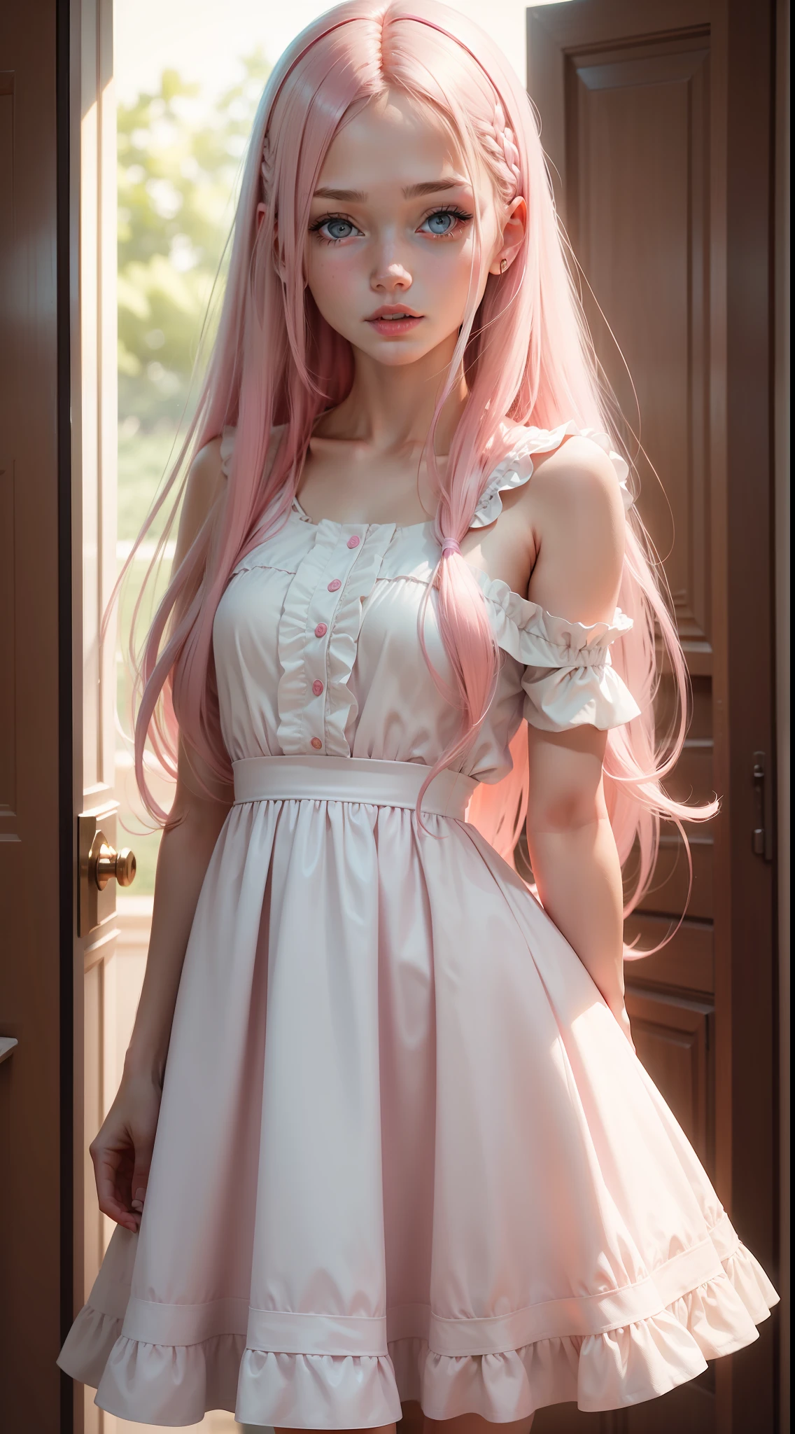 Pink dress,white skinned,brunette color hair,long whitr hair,Home,hyper realisitc,high-definition picture quality,Need,tmasterpiece