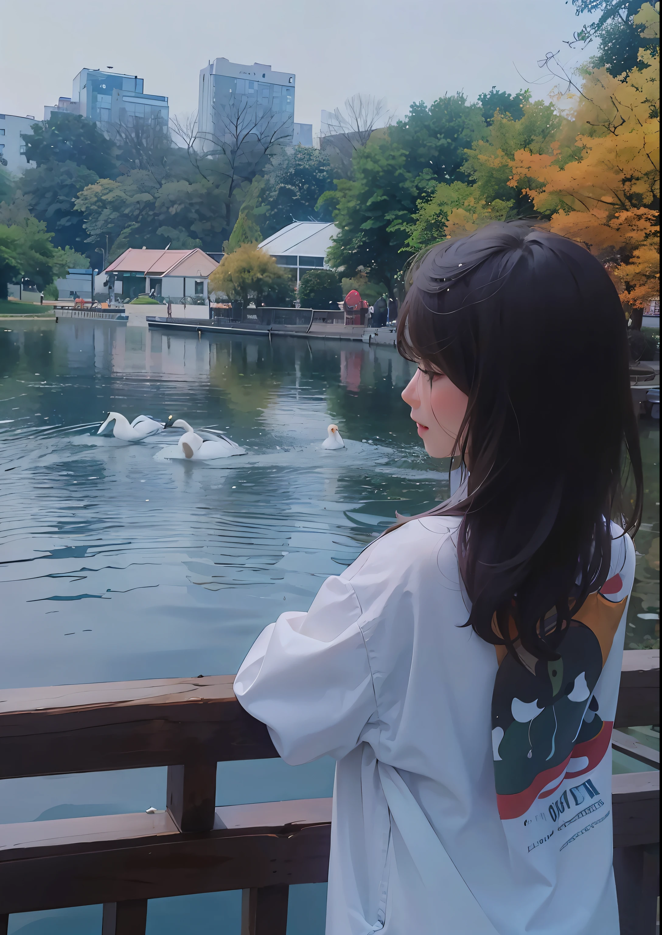 Woman looking at a swan in the water,Park by the lake,Gaze at the water,Panorama girl。 --auto