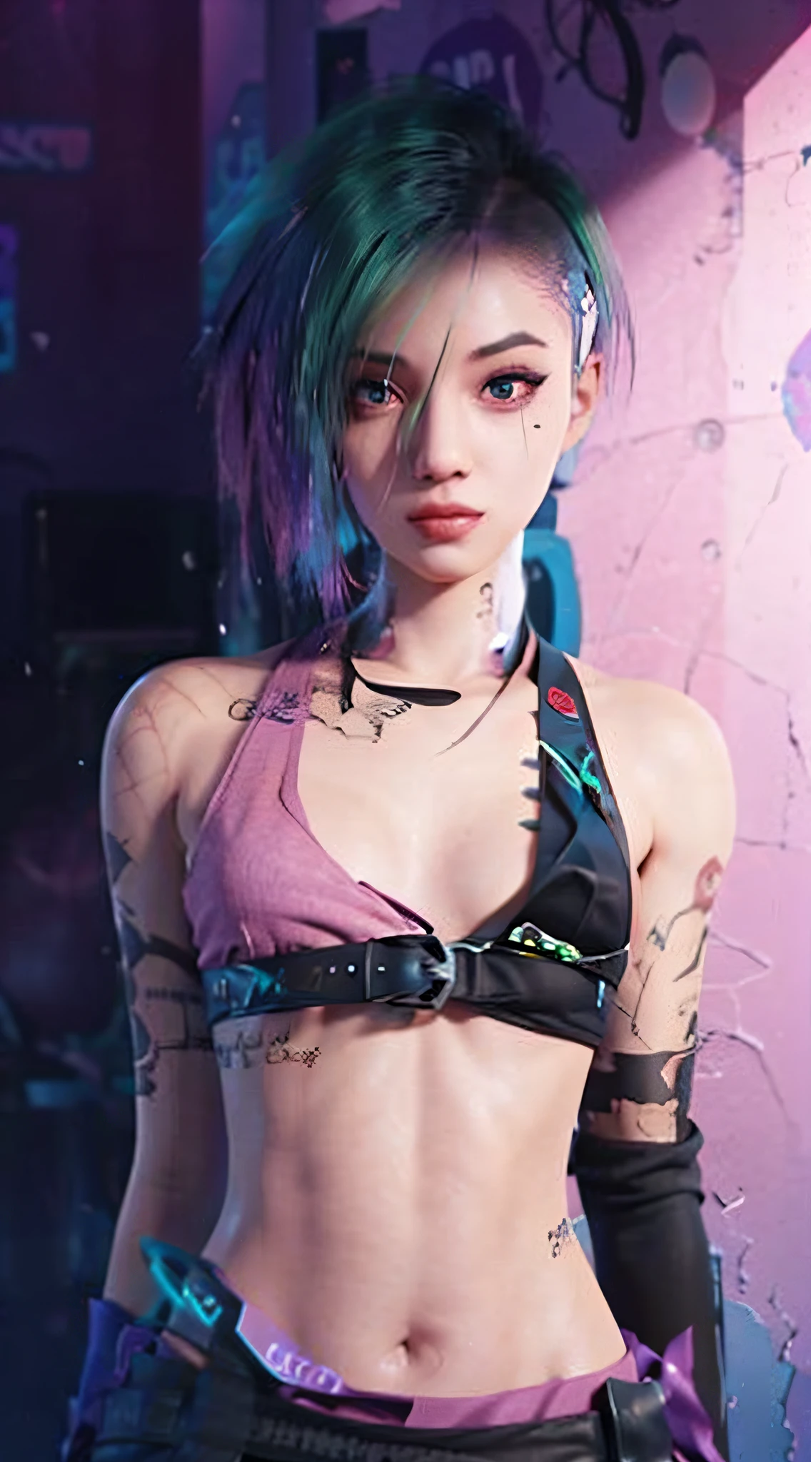 A woman with blue hair and tattoos stands in front of a pink wall, jinx from league of legends, portrait of jinx from arcane, jinx expression, jinx face, jinx from arcane, Arcane Jinx, 2 d anime style, vi from league of legends, beautiful blue-haired girl, 2d art cover, inspired by rossdraws, Girl with blue hair