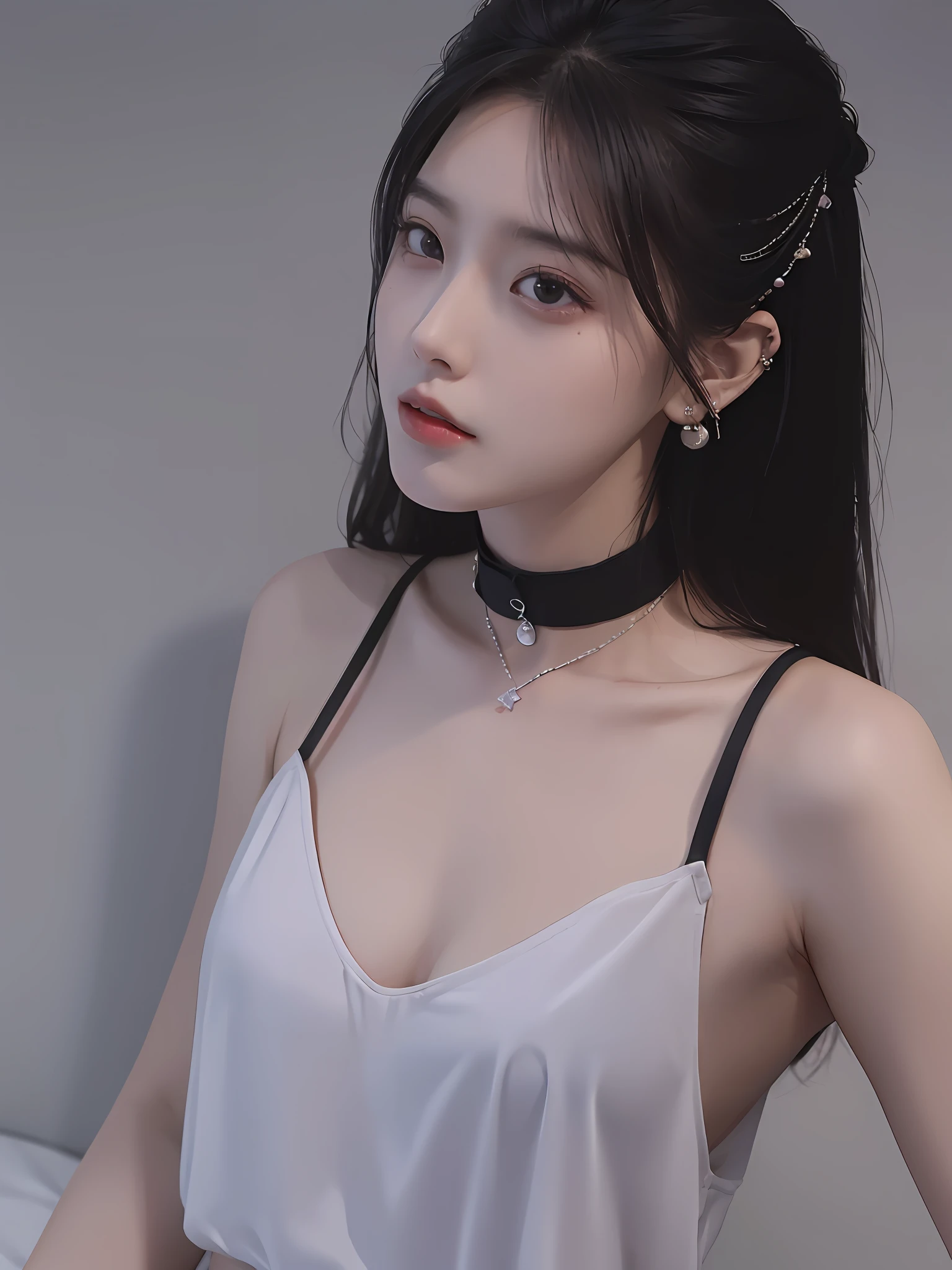 (best qualtiy,tmasterpiece,超高分辨率)(realisticlying:1.5)(1girll, bshoulders,darkly,deep shading,low tune,cold light,Sexy look, long whitr hair,choker necklace,耳Nipple Ring)