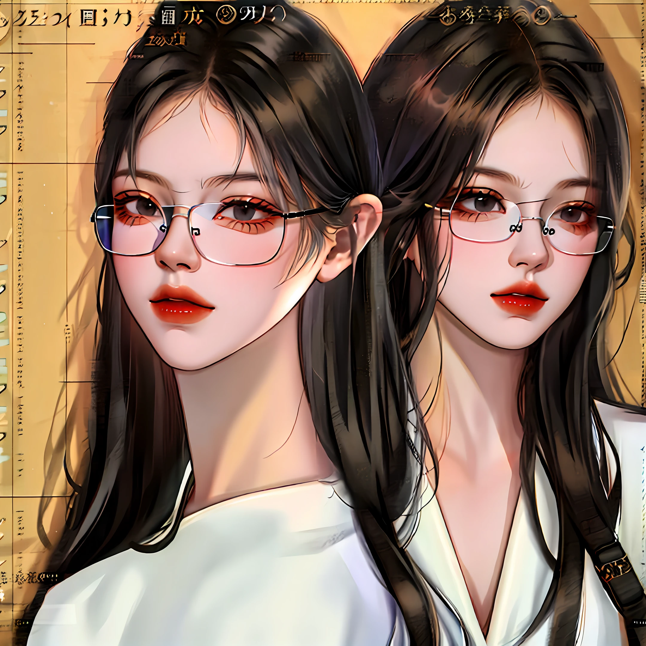 Girl with glasses with black hair，Side face bowed