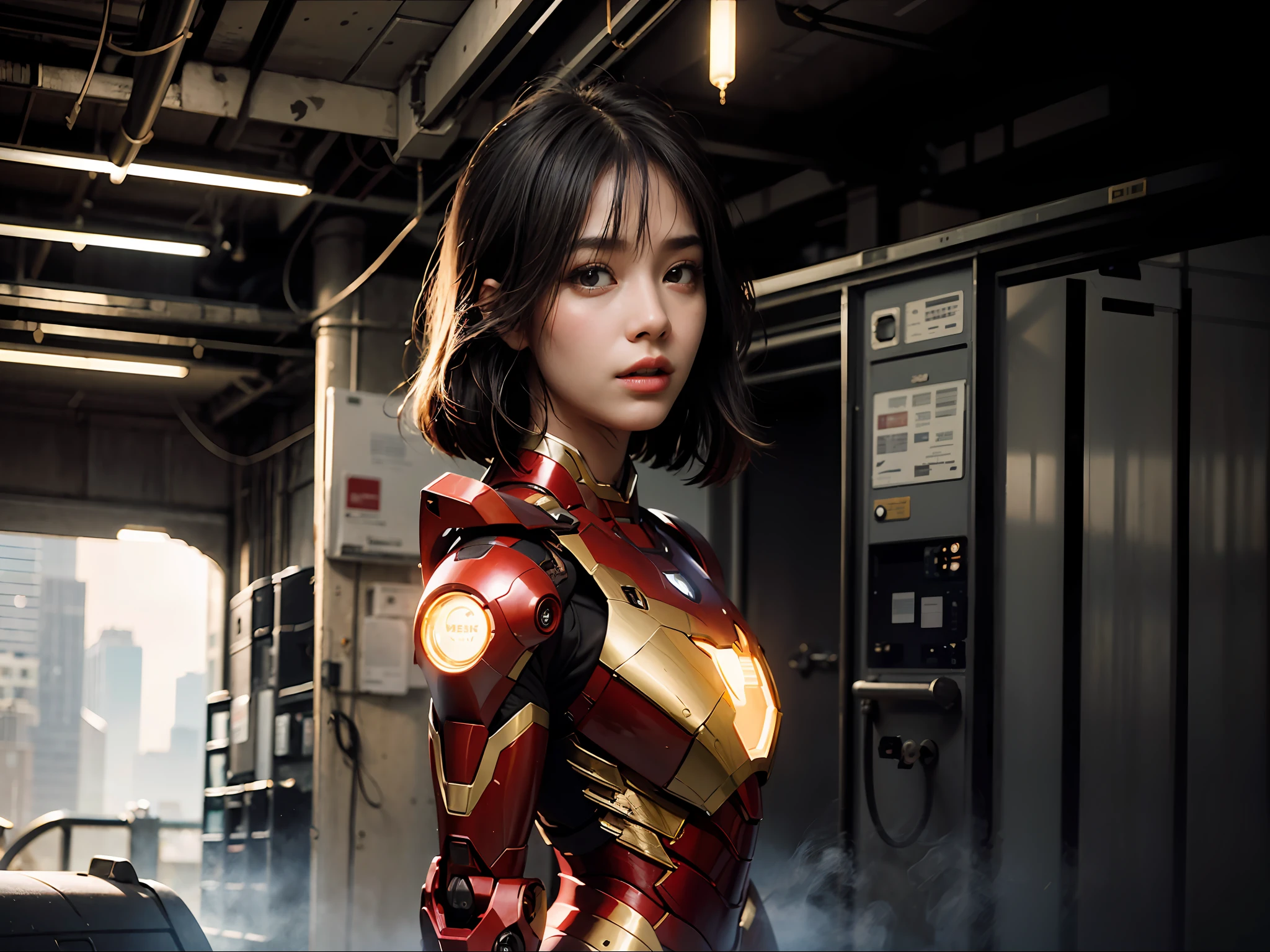 (1girl:1.3), solo,__body-parts__, official art, unity 8k wallpaper, ultra detailed, beautiful and aesthetic, beautiful, masterpiece, best quality, RAW, masterpiece, super fine photo,, best quality, super high Resolution, photorealistic, sunlight, full body portrait, stunningly beautiful,, dynamic pose, delicate face, vibrant eyes, (side view), she is wearing a futuristic Iron Man mech, red and gold, Highly detailed abandoned warehouse background, detailed face, detailed complex busy background, messy, gorgeous, milky, high detailed skin, realistic skin details, visible pores, sharp focus, volumetric fog, 8k uhd, dslr camera, High quality, film grain, fair skin, photorealism, lomography, sprawling metropolis in a futuristic dystopia, view from below, translucent