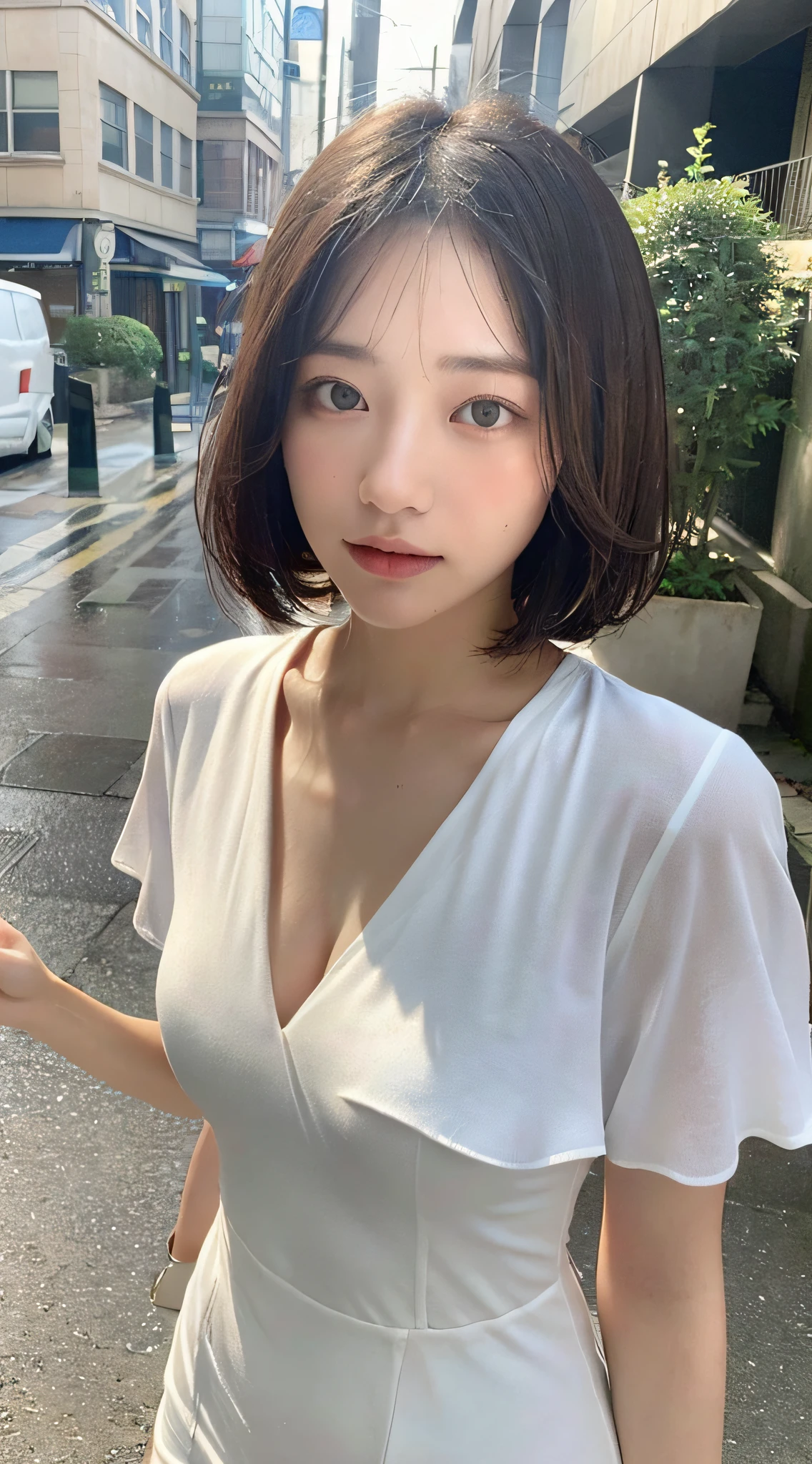 ((Best Quality, 8K, Masterpiece:1.3)), Focus: 1.2, Perfect Body Beauty: 1.4, Buttocks: 1.2, ((Layered Haircut, Breasts: 1.2)), (Wet Clothes: 1.1) , (Rain, Street:1.3), Bandeau Dress: 1.1, Highly Detailed Face and Skin Texture, Delicate Eyes, Double Eyelids, Whitened Skin, Long Hair