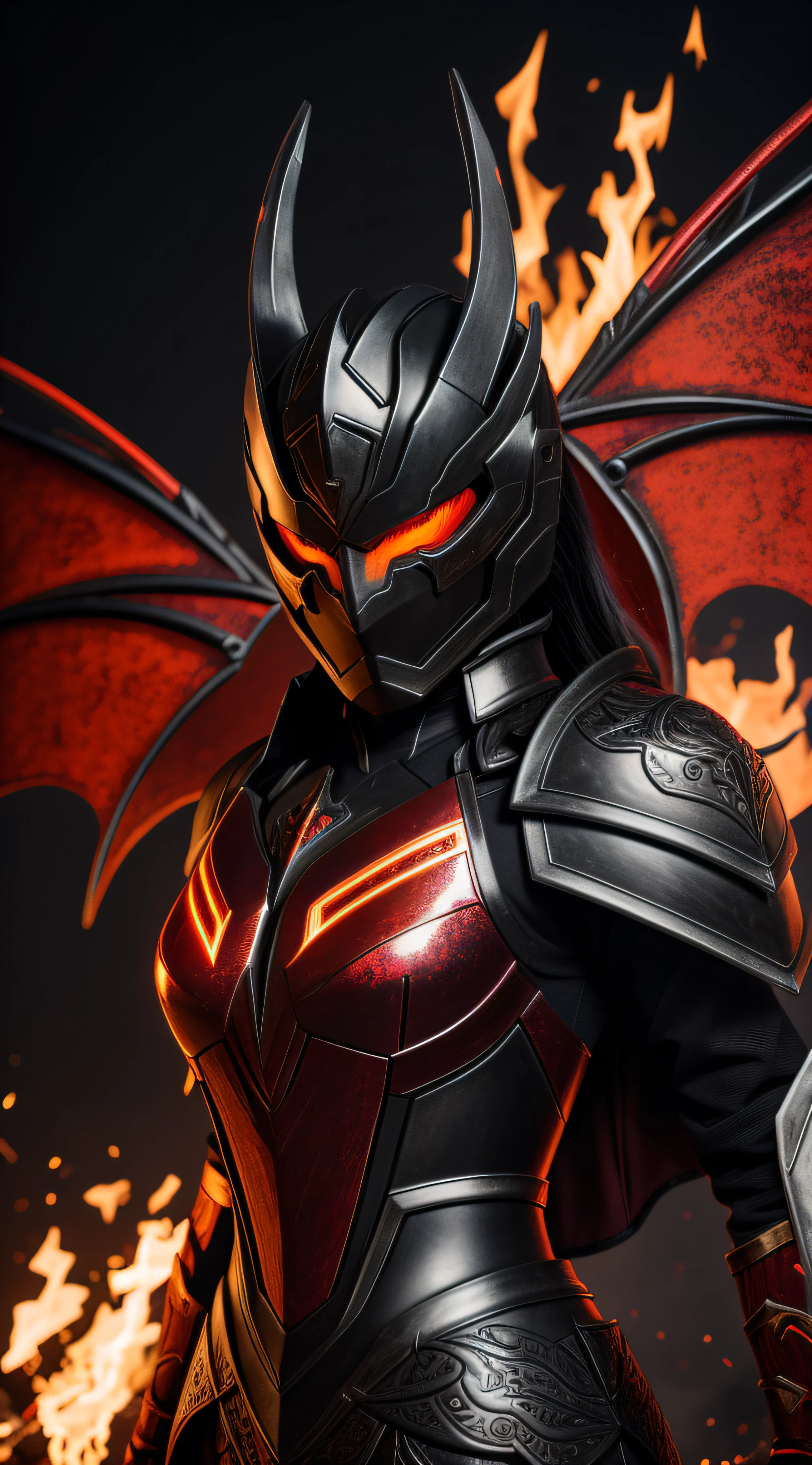 ember, in iron black armor with fiery patterns, Helmet in the form of a dragon, red-eyes, Large black wings glow with fiery light, Full-length 4K, higly detailed, Anime style.