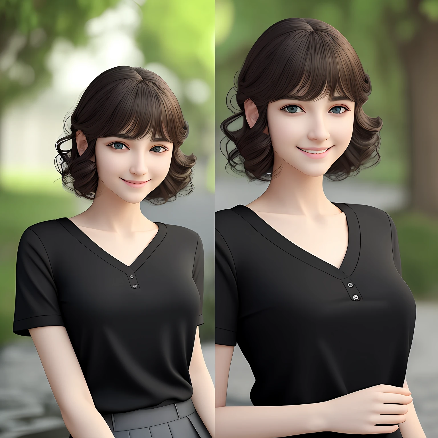 (RAW photo, best quality), (realistic, photo-realistic:1.3), masterpiece, an extremely delicate and beautiful, extremely detailed, CG, unity, 8k, amazing, finely detail, ultra-detailed, highres, absurdres, soft light, (black hair, short hair, curly hair, messy hair, bangs), beautiful detailed girl, detailed fingers, extremely detailed eyes and face, beautiful detailed nose, beautiful detailed eyes, (light on face), looking at viewer, (closed mouth:1.2), 1girl, cute, young, mature face, pale skin, (half body:1.3, sitting), (medium breasts), realistic face, realistic body, beautiful detailed thigh, (ulzzang-6500-v1.1:0.6), black shirt,  (semi smile:1.3), --auto