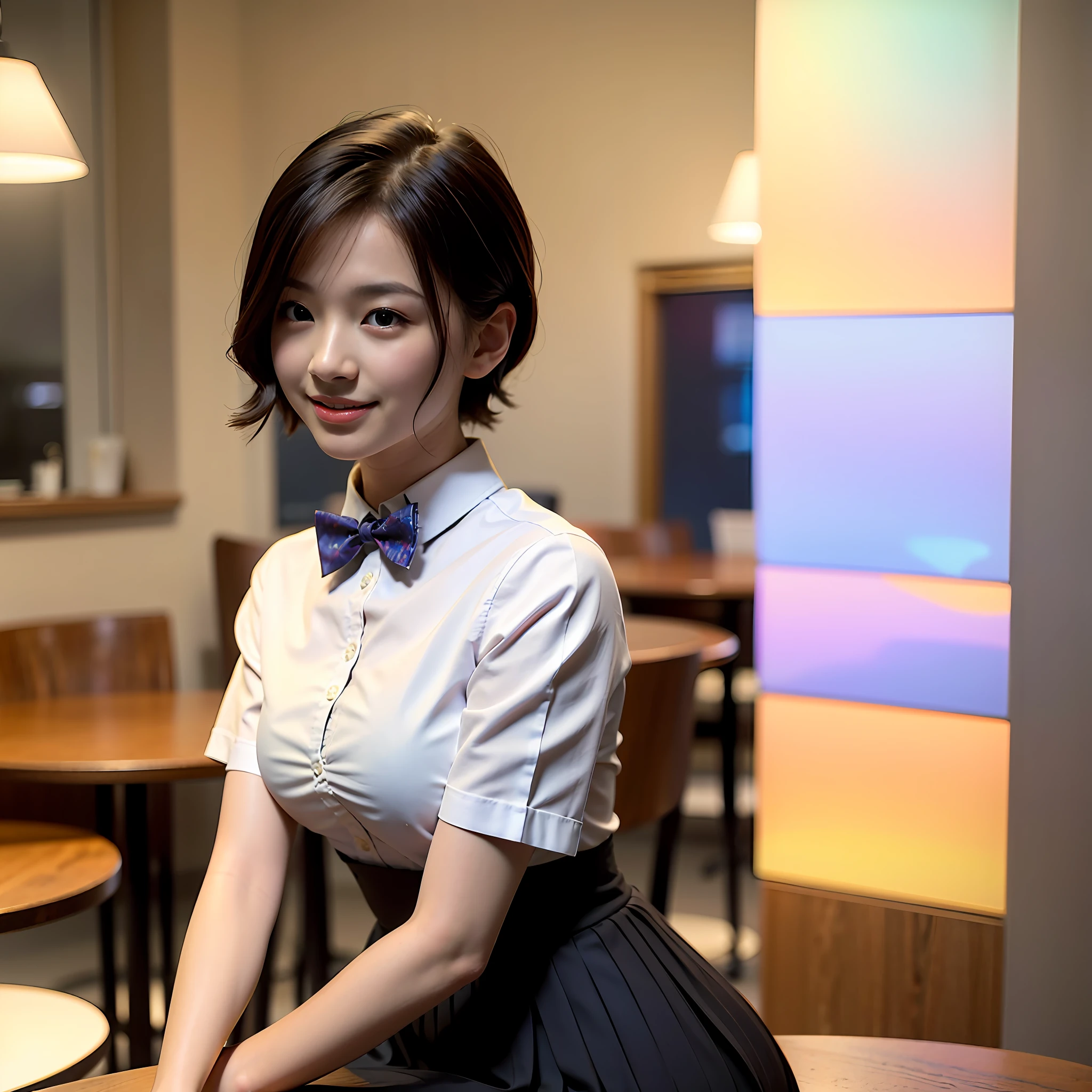 (8k, RAW Photo, Best Quality, Masterpiece: 1.2), (Realistic, Photorealistic Photo: 1.37), Ultra Detailed, 1 Girl, Cute, Solo, Beautiful Detailed Sky, Detailed Cafe, Evening, Seated, Dating, (Nose Blushing), (Smile: 1.1), (Shut Up), Room, Seductive Smile, Large Apartment, Professional Lighting, Sony A7R4, Zessie 50mm F1.8, Medium breasts, beautiful and delicate eyes, (collared shirt: 1.1), bow tie, pleated skirt, (short hair: 1.2), floating hair