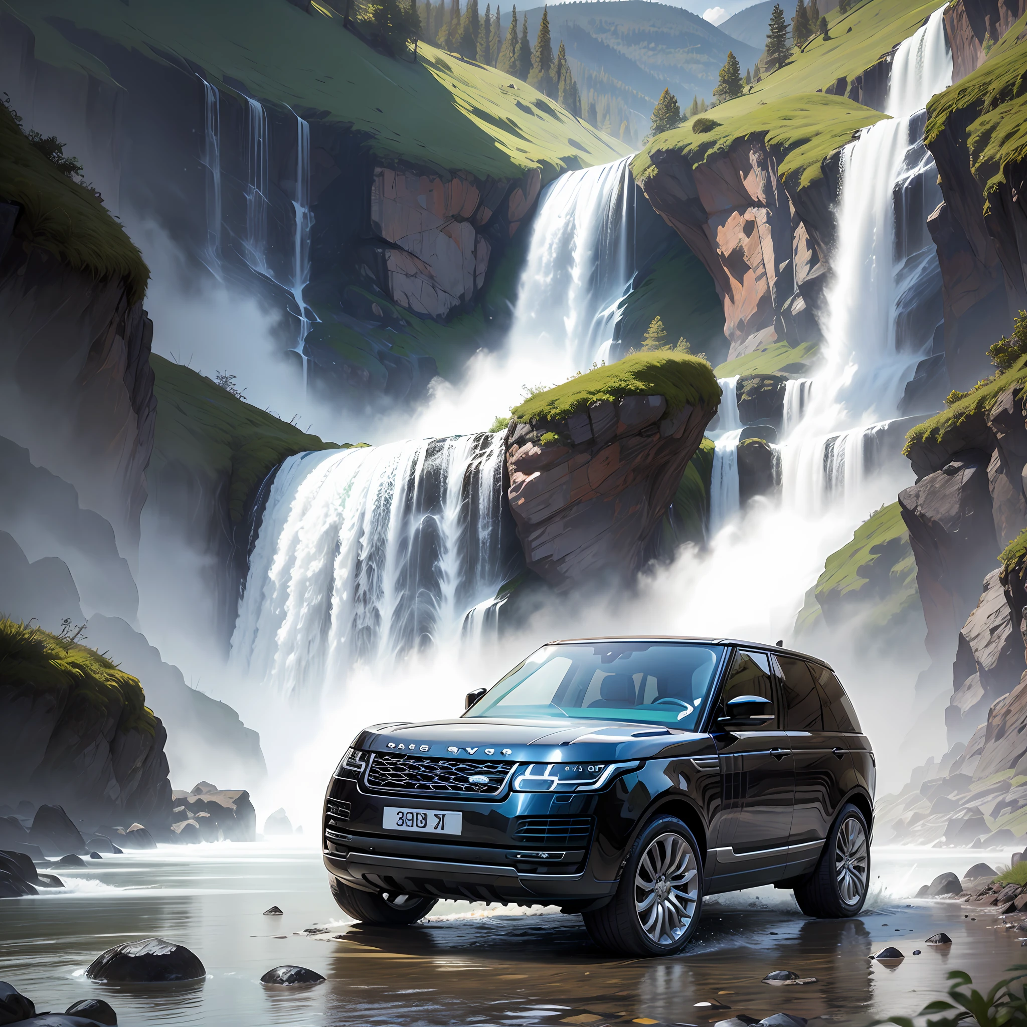 A range rover front of waterfall ;some round stons --auto