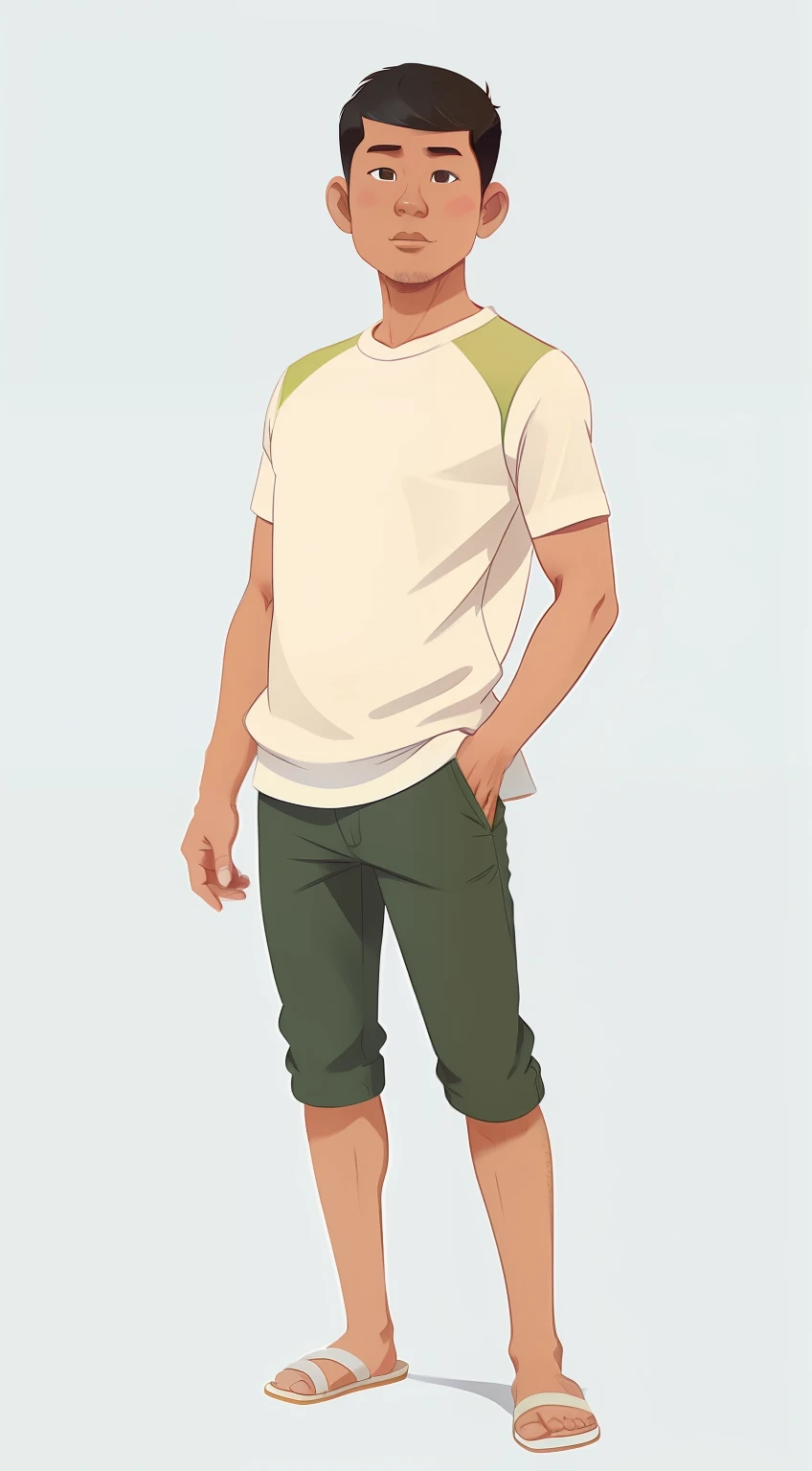 1 man, jakartans, javanese, 30 year old, full body illustration, front view, wearing a white casual singlet, flipflop, skinny body, short green pants, no abs, white background, black, afro, short hair