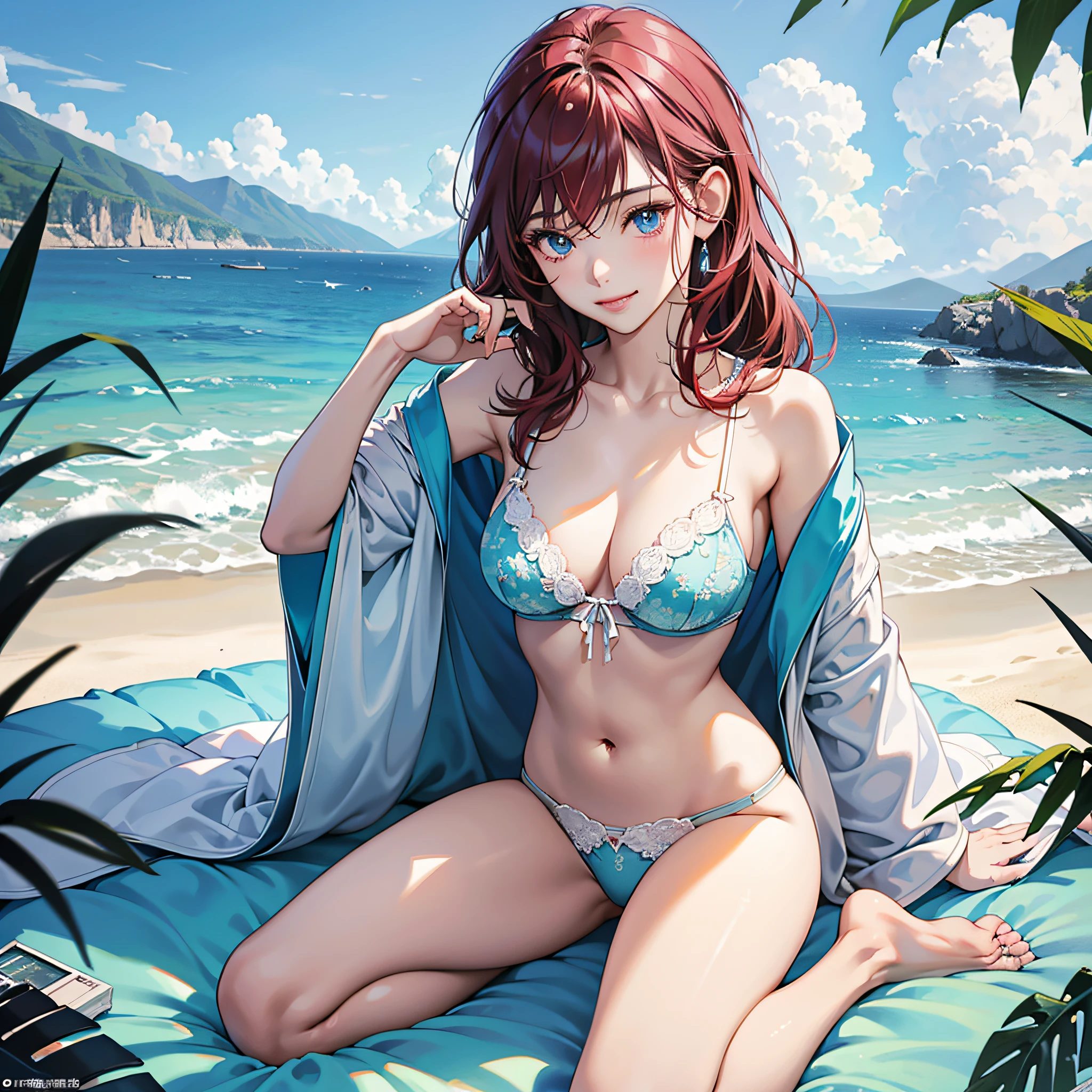 超高分辨率, (realisticlying: 1.4), RAW photogr, One Japan Woman,25 age old,Mature woman,maroon hair,wide blue eyes、Blue pupil,White skin of the,Protruding breast,Light blue lace lingerie,The most sensitive skin sensation ,Kneel on the beach,Open your legs,Sexy girl nipple, Her navel was exposed, Jaw-dropping beauty, whole body display,perfectly proportions,Sexy, Realistic young gravure idol, Realistic sensual gravure idol,extremely detailed goddess shot, anaglyph effect,On the beach,eyes towards the viewer,Realistic lighting and shadows,Smile back,Tropical beach in the background,MAXIMUM DEFINITION,Many-Layer Textures、Albedo e mapas Speculares、Surface coloring。 --auto