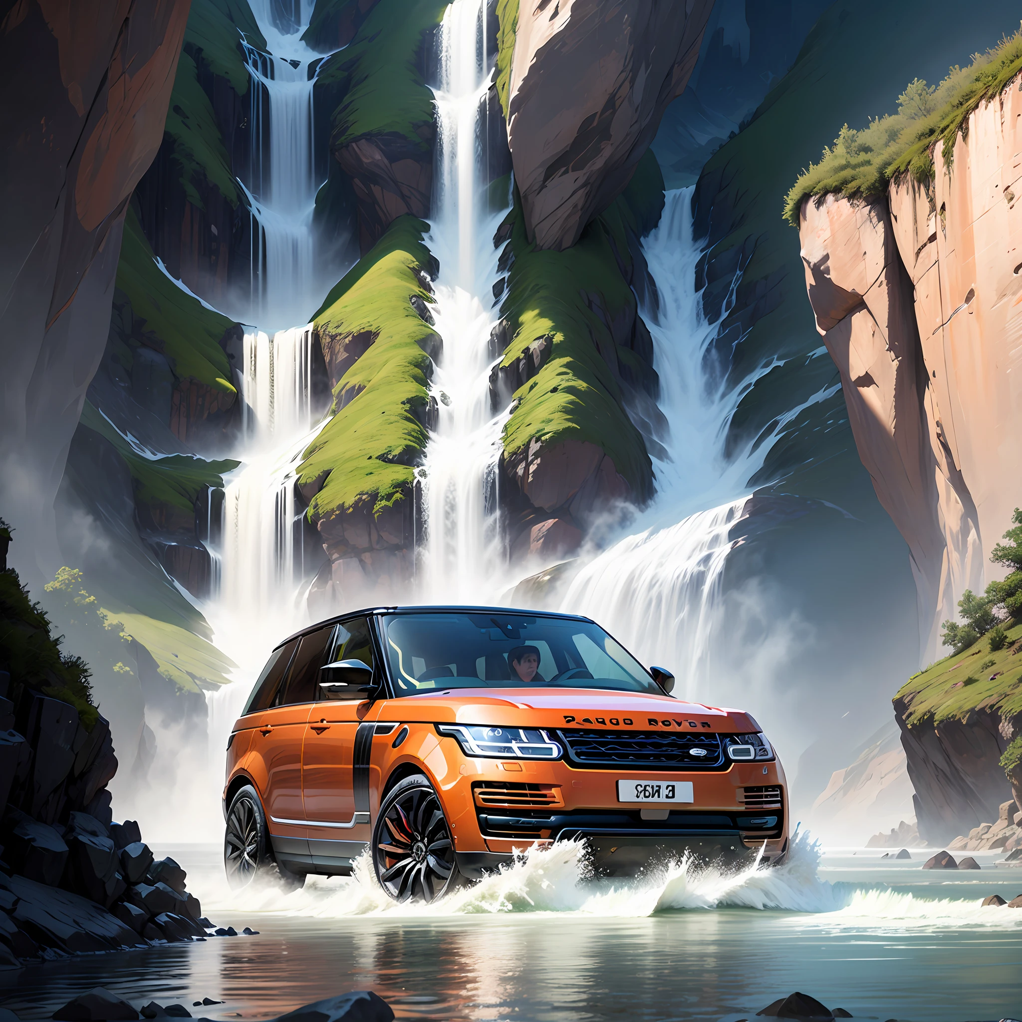 A range rover front of waterfall ;some round stons --auto