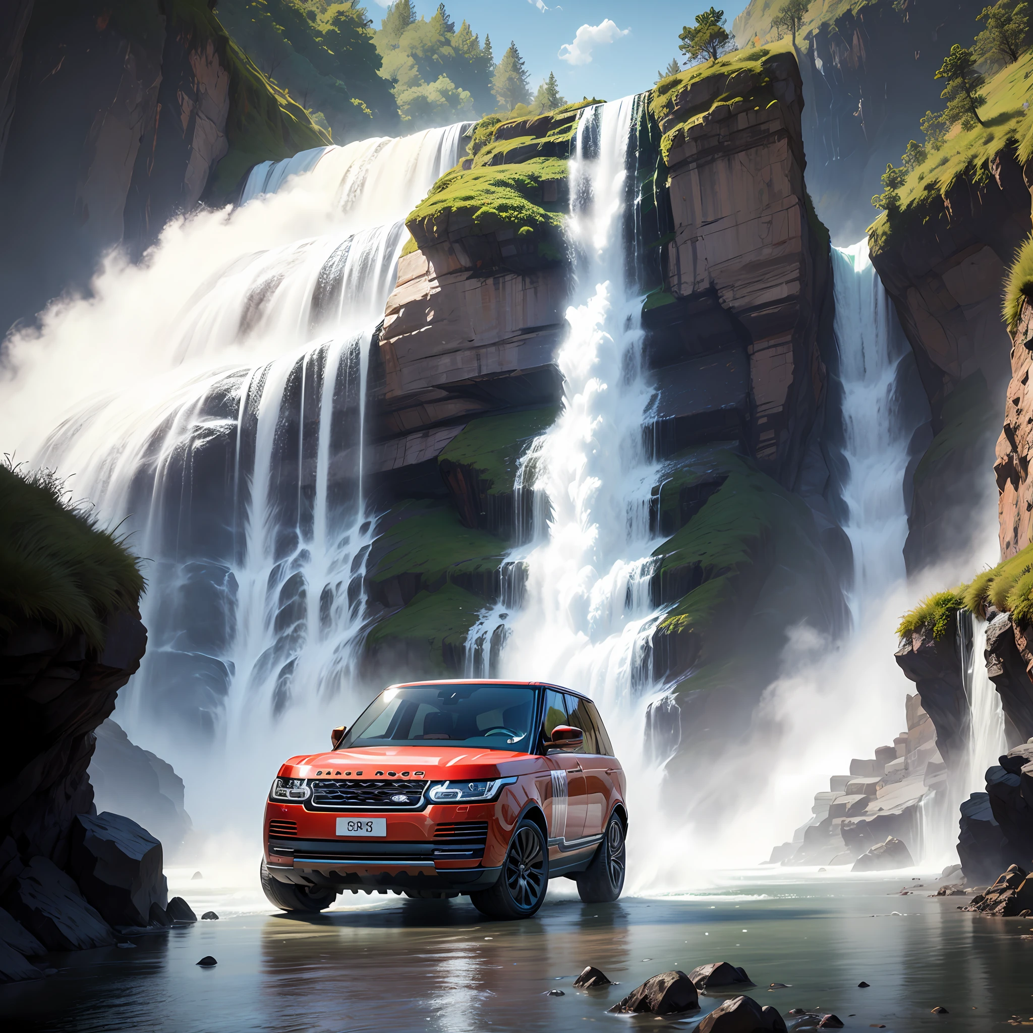 A range rover front of waterfall ;some round stons --auto