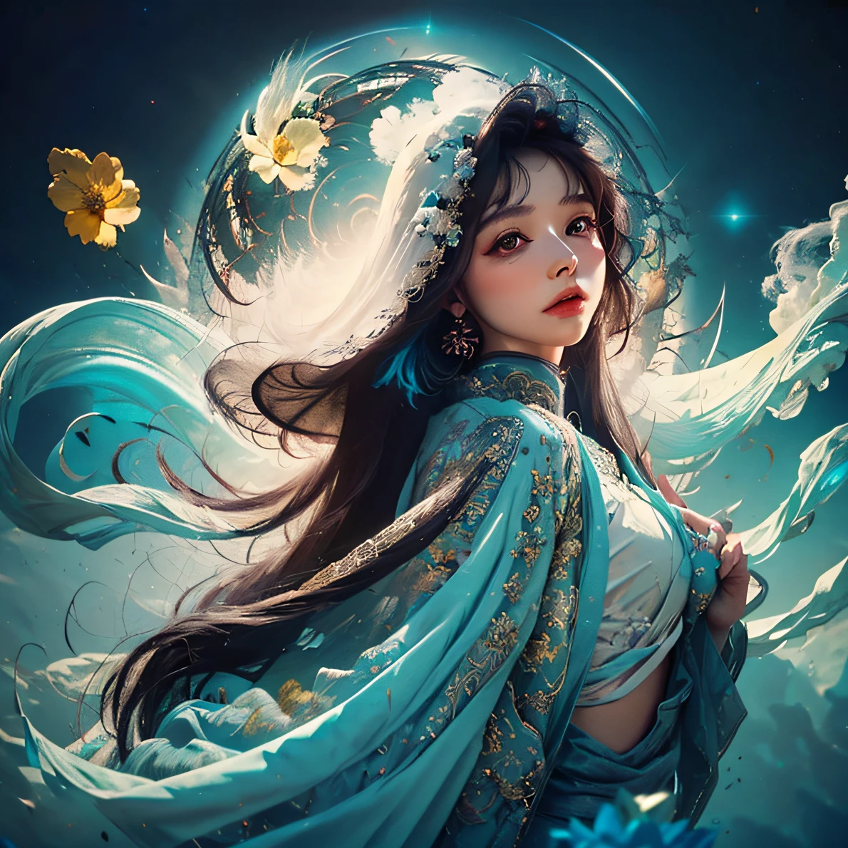 zhongfenghua, 1girl, (full body) solo, hanfu, flower field, blossom, (white smokes:1.3) (photorealistic:1.4), zentangle, mandala, entangle, official art, unity 8k wallpaper, ultra detailed, beautiful and aesthetic, masterpiece,best quality, (dynamic angle:1.4), glowing skin, (floating colorful sparkles:1) the most beautiful form of chaos, elegant, a brutalist designed, vivid colours, romanticism depth of field,