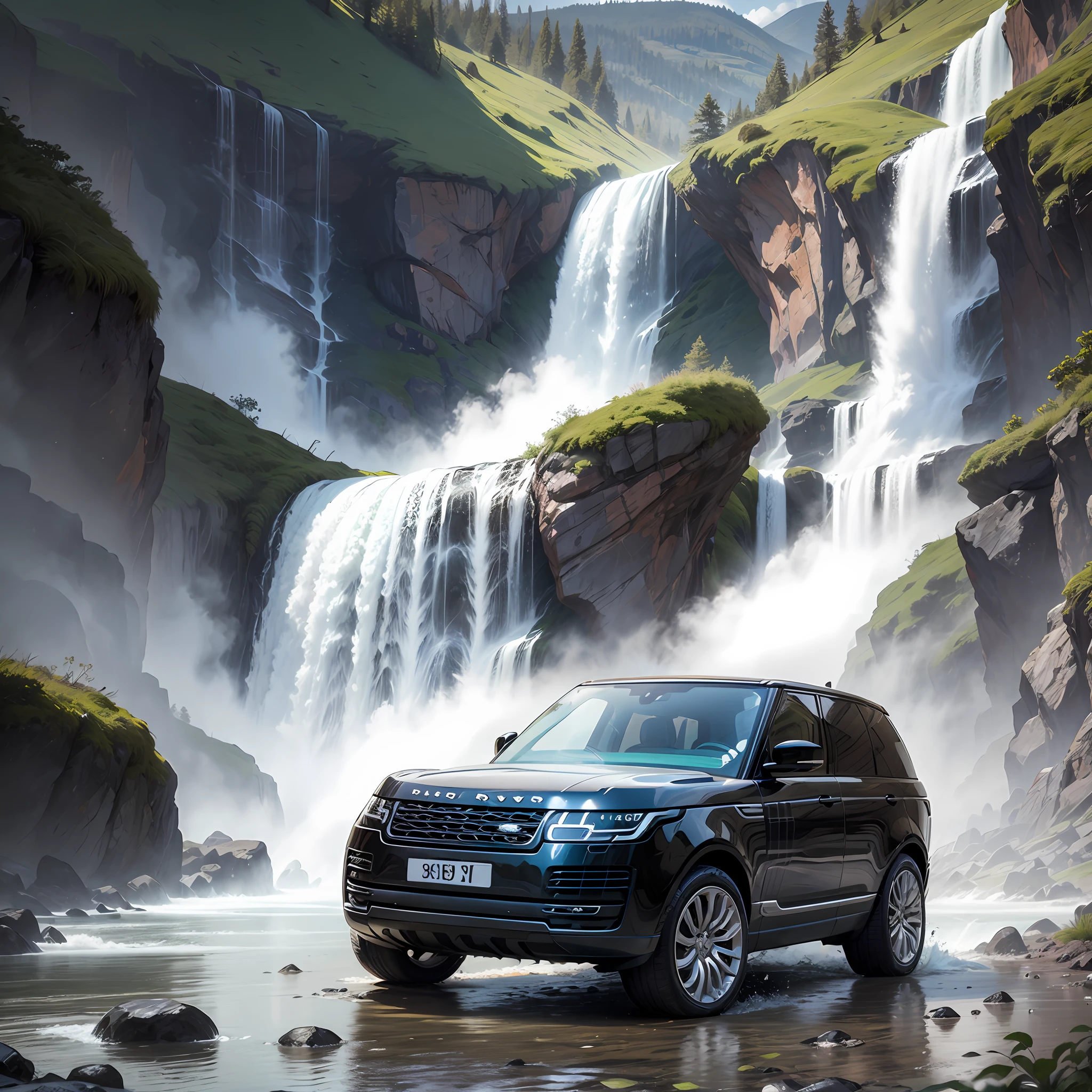 A black colour range rover front of waterfall ;some round stons --auto