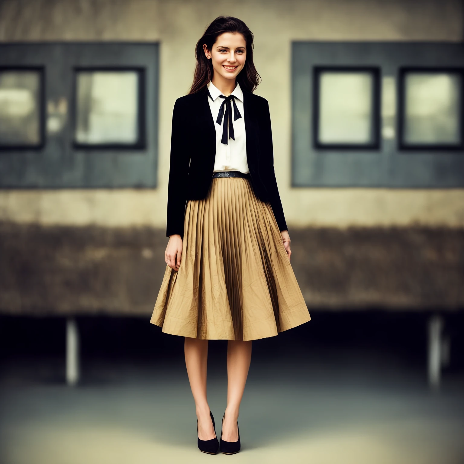 authentic (very shy:1,4 smiling) good woman wearing a short blazer with a very very detailed (long (fully pleated) full circle skirt) and (simple) low heeled office shoes, very very intricate hyper-detailed symmetric (attractive graceful young feminine face) with (sad, tired eyes and shy smile:1,1), full of empathy and compassion and love, (pronounced (feminine) features), (highly detailed ultra accurate realistic) hands and fingers, (windy conditions and wind blowing), epic composition, highly detailed attributes, highly detailed atmosphere, (35mm f1.4 Kodak portra 400 photograph), extremely high quality RAW photograph, intricate, Exquisite details and textures,
