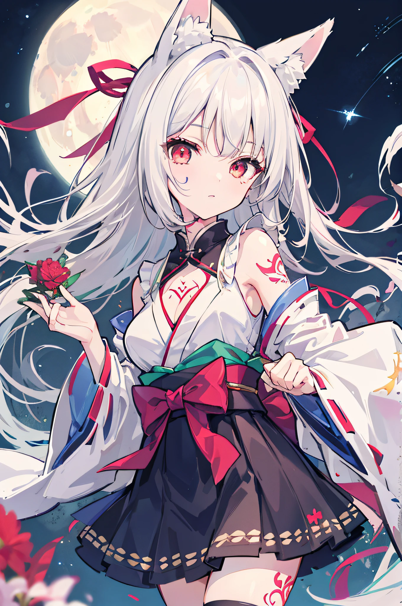 1girl, moon, bird, star_\(sky\), long_hair, starry_sky, (((white_hair))), animal, wide_sleeves, night, flower, night_sky, holding, very_long_hair, full_moon, looking_at_viewer, ribbon_trim, ribbon-trimmed_sleeves, long_sleeves, skirt, red_eyes, solo, japanese_clothes, sky,((medium breasts)), (((Pornographic tattoo))),fox ears, fox tail, fox girl,