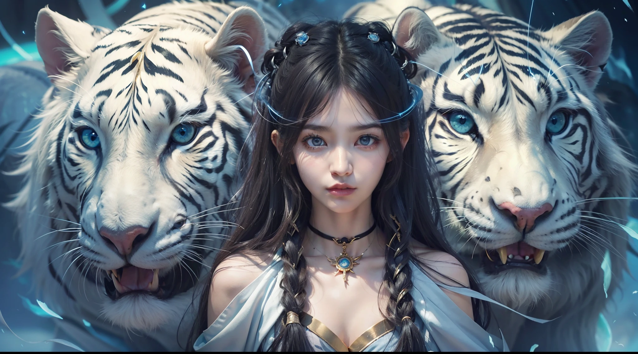 Magic Book,Blood,Night, Dark, (Fantasy),infinite,deep blue sky,The abyss of knowledge,Cowledge,((masutepiece)), (((Best Quality))),((Beautiful fine eyes)),(Eye lashes)、Beautiful girl riding a white tiger、(女の子1人)、Perfect human body structure、Black hair、The long-haired、abyss eyes、glowy skin、oils、small tits、(Bird body、pluma)、Wizard robes、tattered cloth、Realistic coat、Teenchi、elvish、Super delicate CG Unity 32k wallpaper、​masterpiece, ((ultra-detailliert)), ((illustratio)),colourfull,wall-paper,The energy,Unknown terror,Incomprehensible,Around the magic,Magical surroundings,magic wands,Boken,Flying pages,Know everything,Predict the future、Get to know the past、Infinite wisdom、blue flames、Warlock、magic circles、Pentagram、Spells、mantra、Singing magic