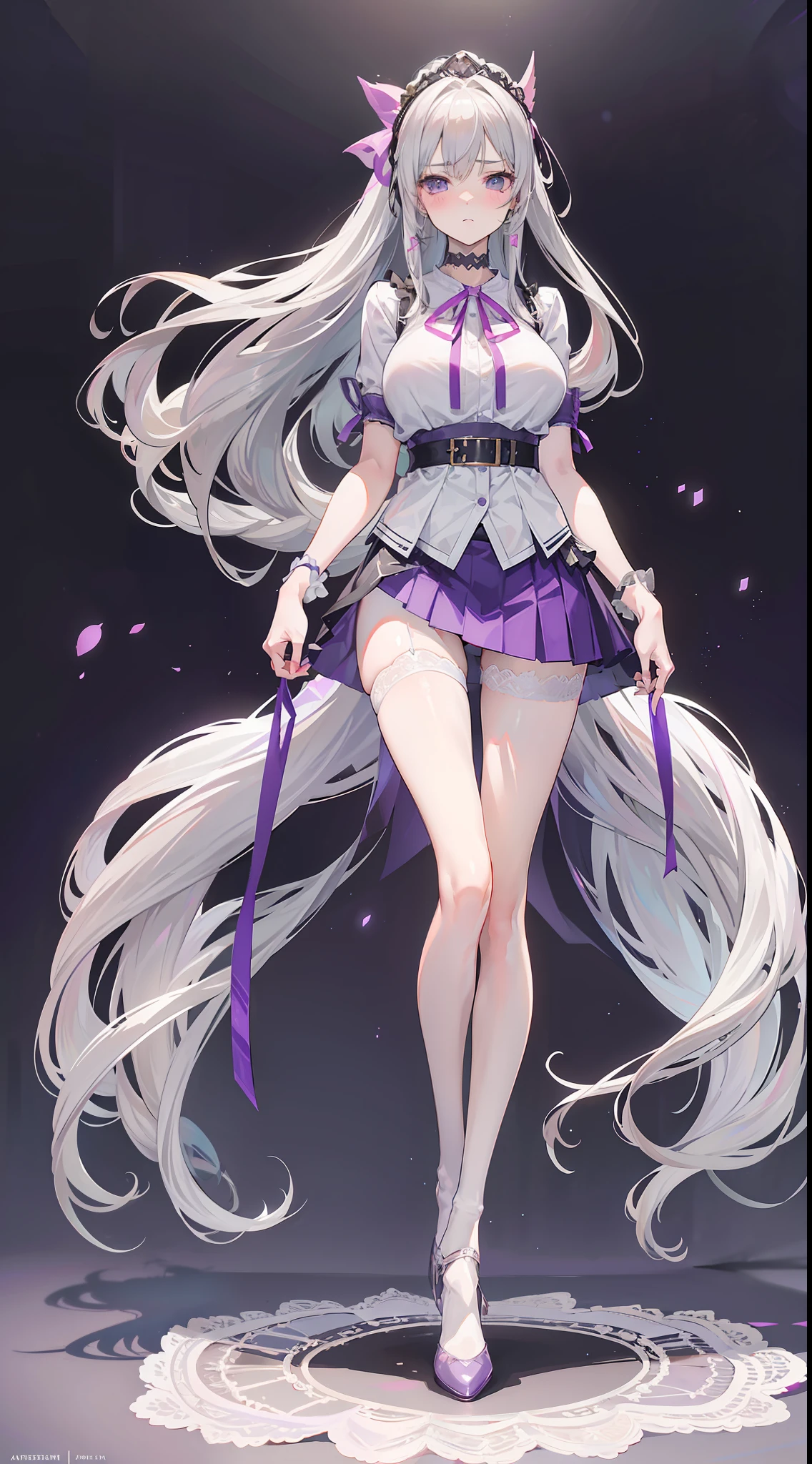 (((Best quality))), ((ultra - detailed)), (In the office), (highly detailed CGillustration), ((Very fine and beautiful)),Mature and beautiful,flustered, full blush, view the viewer,Ultra-detailed CG,Exquisite facial features,Clear facial expressions,Detailed digital anime art,Digital anime art,High quality anime art style, (Masterpiece), Best quality, Perfect face, ((1girll)), Mature woman, Leaning forward, ((Very long gray hair:1.5)), High ponytail, extremely giant breasts, Hanging breasts, cleavage, Narrow waist, ((ribbon:1.2)), Wearing glasses, ((Superskirt:1.5)), choker necklace, Very small shirt, Transparent shirt, ((pinkish purple dress:1.3)), ((The skirt was blown away)), ((Mini tight skirt: 1.5)), ((full body:1.5)), High heels, Garters, ((Lace stockings:1.2)), ((Long and slender legs)), Beautiful legs,Erotic,Seductive pose, ((show underwear, Show panties:1.2)),accidental exposure, Expose breasts,((standing:1.2)), (Open legs:1.2), ((Front Shooting)), Slender figure,(nurses uniform:1.5), waist-up, lolita