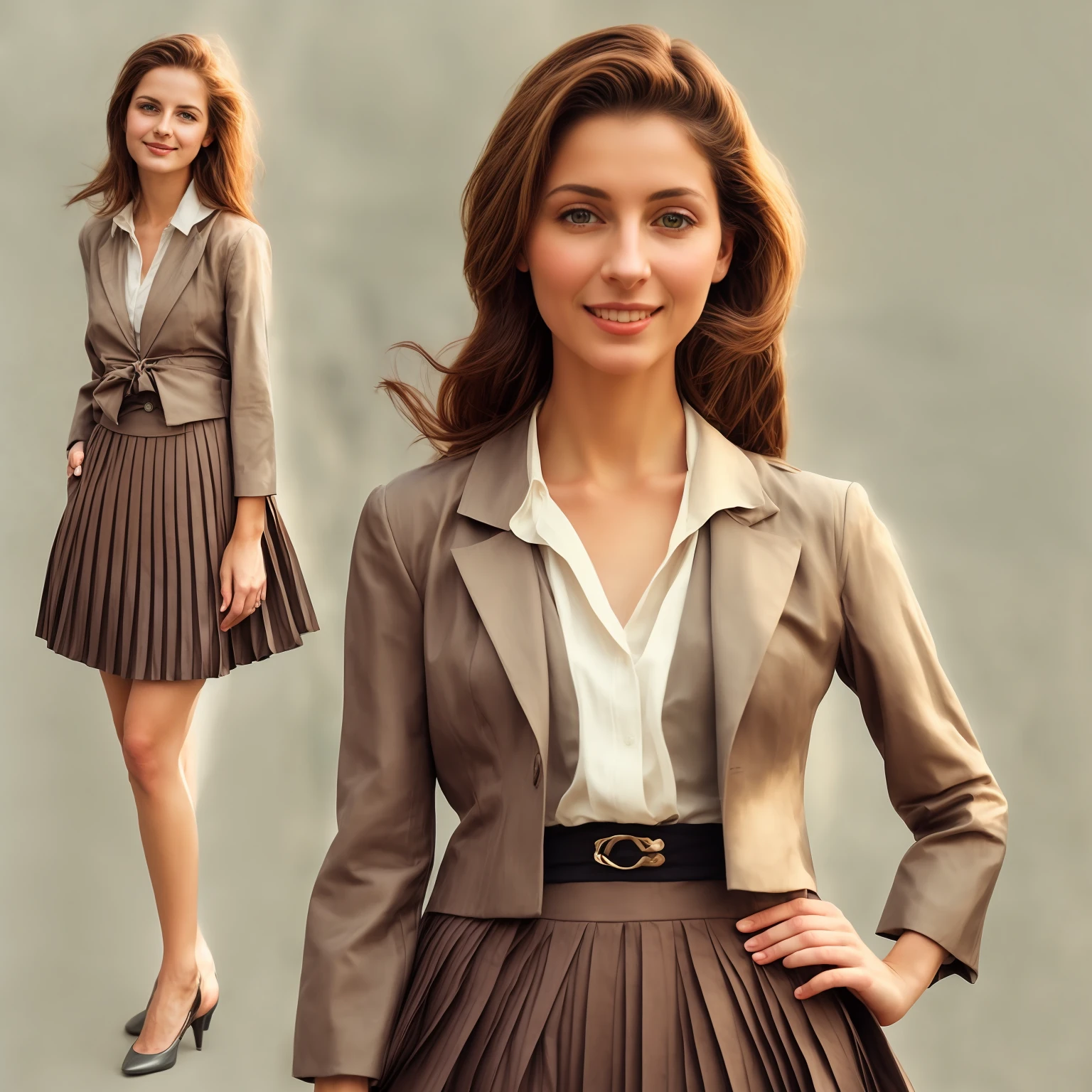 authentic (very shy:1,4 smiling) good woman wearing a short blazer with a very very detailed (long (fully pleated) full circle skirt) and (simple) low heeled office shoes, very very intricate hyper-detailed symmetric (attractive graceful young feminine face) with (sad, tired eyes and shy smile:1,1), full of empathy and compassion and love, (pronounced (feminine) features), (highly detailed ultra accurate realistic) hands and fingers, (windy conditions and wind blowing), epic composition, highly detailed attributes, highly detailed atmosphere, (35mm f1.4 Kodak portra 400 photograph), extremely high quality RAW photograph, intricate, Exquisite details and textures,