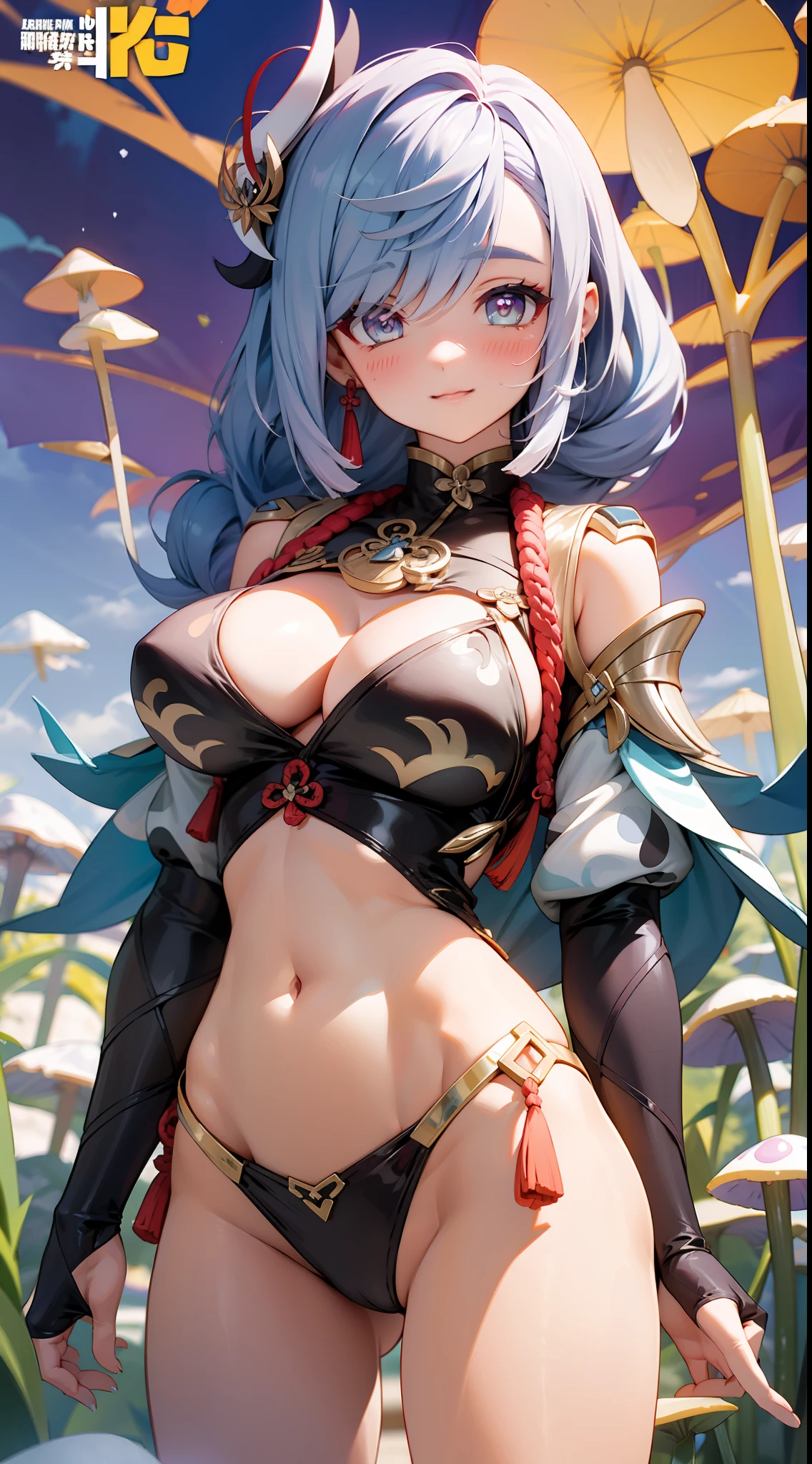 The influence of Kamigawa on Genshin,Pure pink premium manga background,Slim figure,The upper body is short sleeves,having fun,Mesh garment,Four-panel comics,Chest open,Exposing the abdomen,Cocked buttocks,Fleshy thighs,Purple shawl,Masterpiece,Brilliant sunshine,Mushroom World,Above the sky,Comic cover style,Comic title