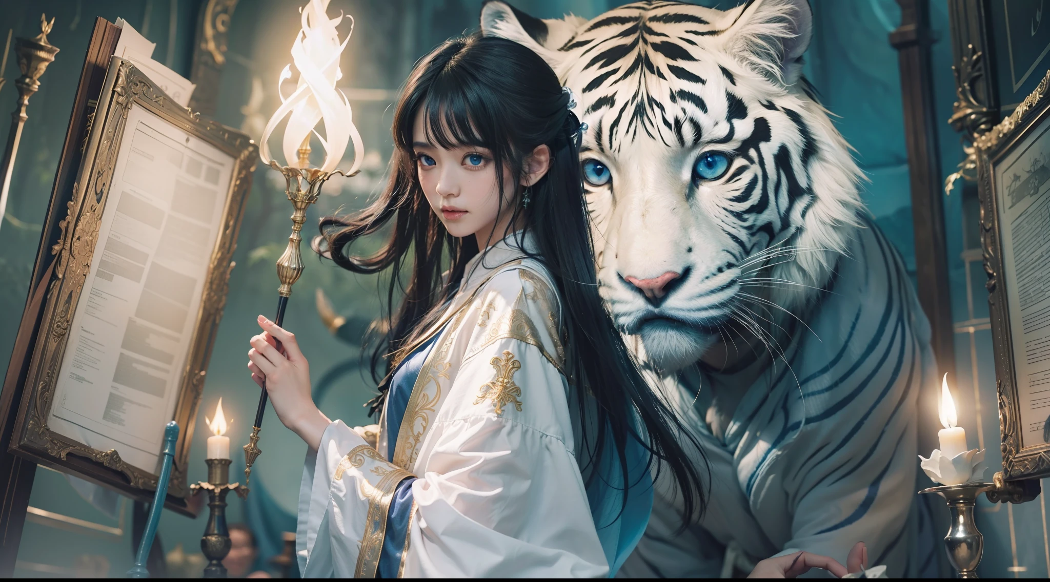 Magic Book,Blood,Night, Dark, (Fantasy),infinite,deep blue sky,The abyss of knowledge,Cowledge,((masutepiece)), (((Best Quality))),((Beautiful fine eyes)),(Eye lashes)、Beautiful girl riding a white tiger、(女の子1人)、Perfect human body structure、Black hair、The long-haired、abyss eyes、glowy skin、oils、small tits、(Bird body、pluma)、Wizard robes、tattered cloth、Realistic coat、Teenchi、elvish、Super delicate CG Unity 32k wallpaper、masterpiece, ((ultra-detailliert)), ((illustratio)),colourfull,wall-paper,The energy,Unknown terror,Incomprehensible,Around the magic,Magical surroundings,magic wands,Boken,Flying pages,Know everything,Predict the future、Get to know the past、Infinite wisdom、blue flames、Warlock、magic circles、Pentagram、Spells、mantra、Singing magic