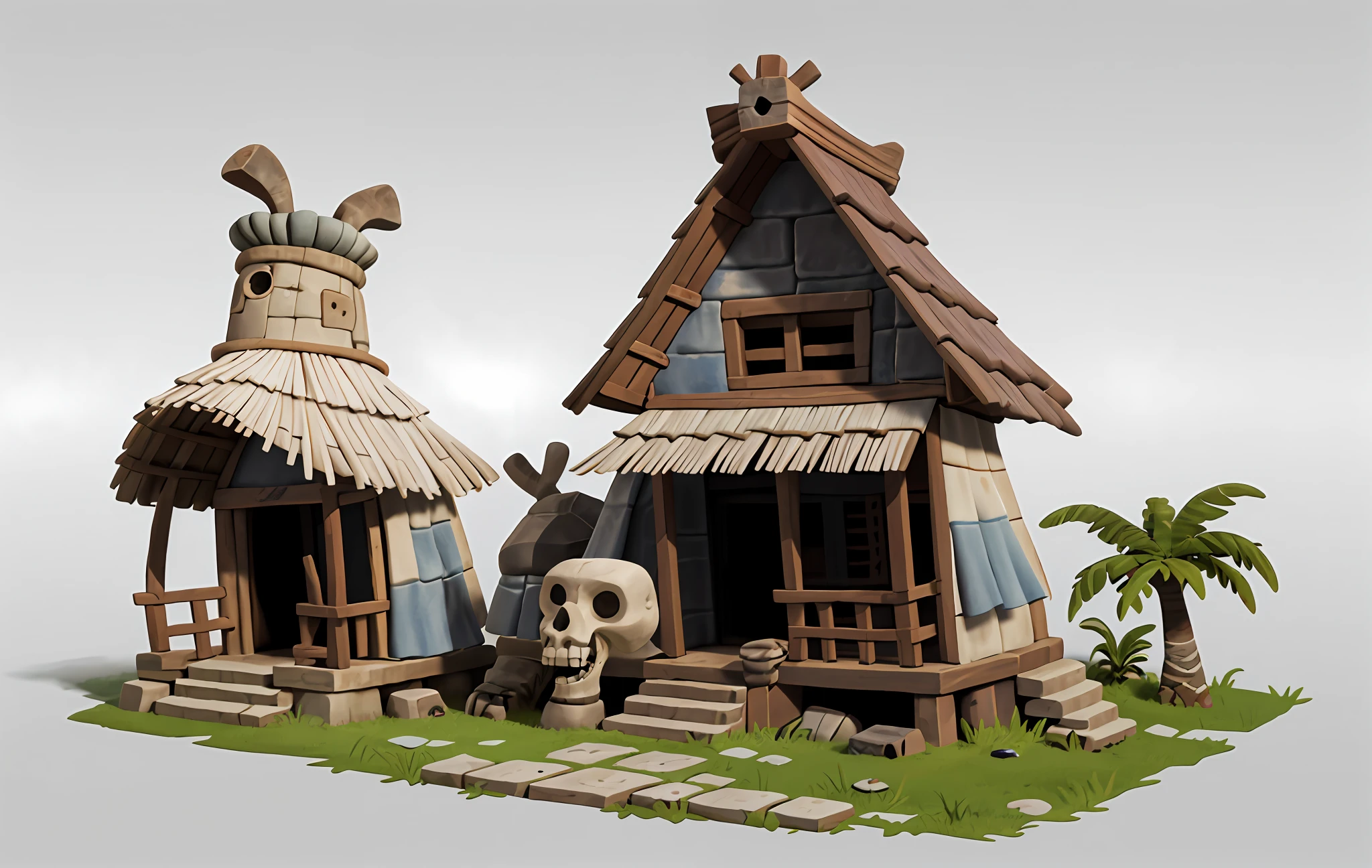 cartoonish style,Game architectural design,Bizarre design,Prehistoric primitive tribal style,(Irregular building、steins、in rags with、Skins、Huge bone decoration),white backgrounid,casual game style,best detail,Blander,tmasterpiece,best qualtiy,toon rendering,8K